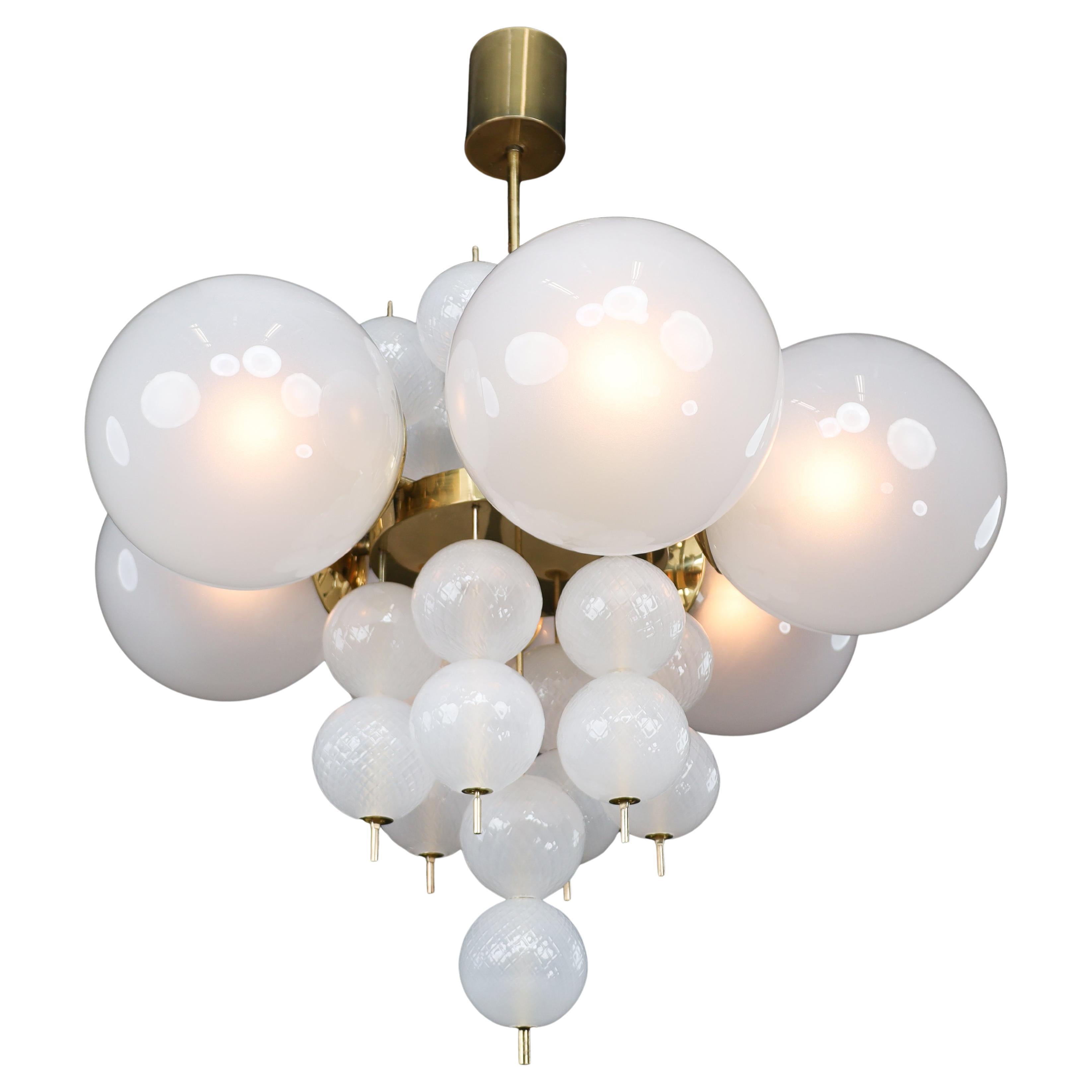 1960s Czech Brass & Frosted Glass Globe Chandelier (Six available)