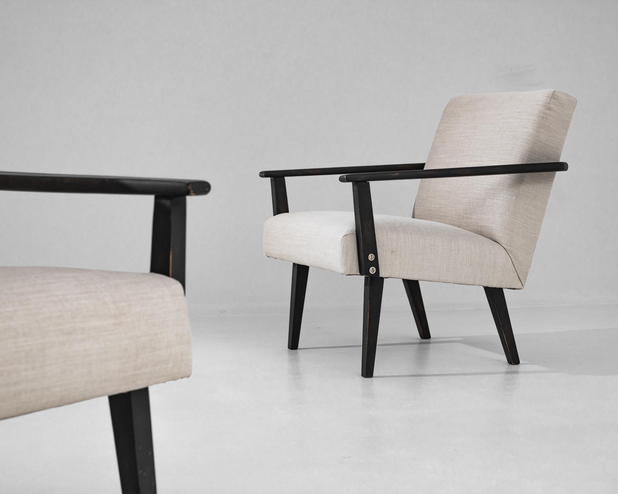 Mid-Century Modern 1960s Czech Wooden Upholstered Armchairs, a Pair
