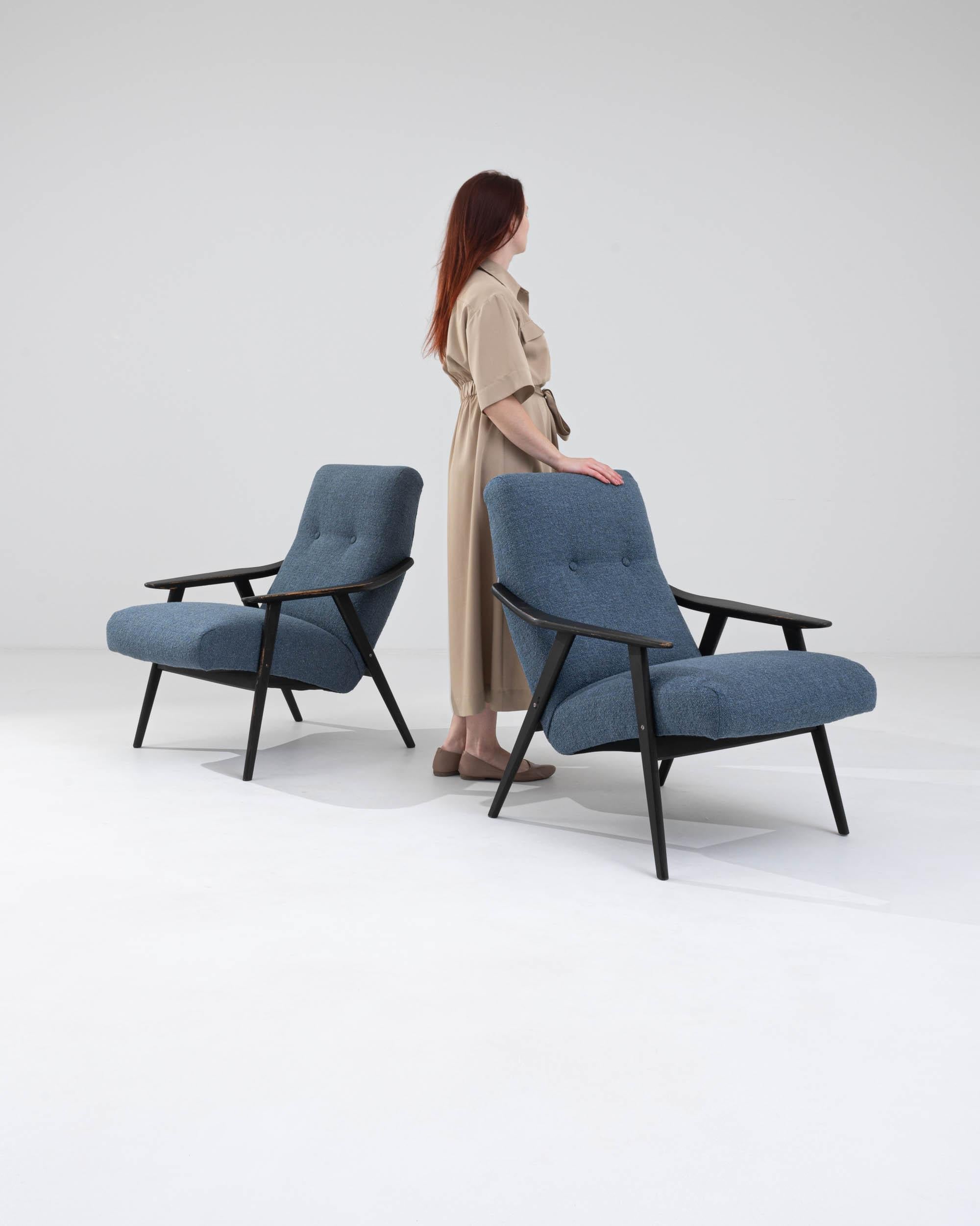 Mid-Century Modern 1960s Czech Wooden Upholstered Armchairs, a Pair