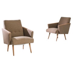 1960s Czech Wooden Upholstered Taupe Armchairs, a Pair