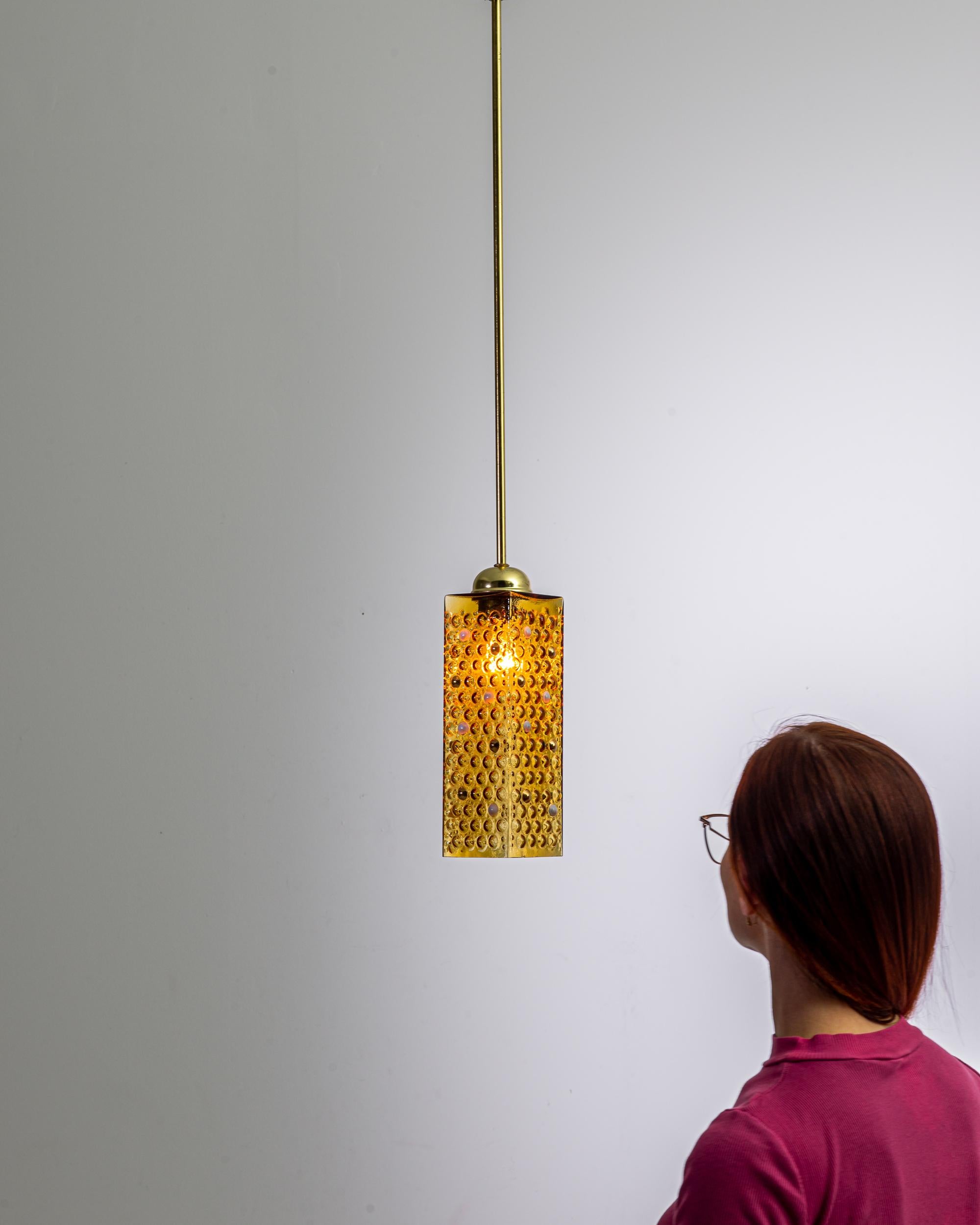 1960s Czech Yellow Brass and Glass Pendant Lamp In Good Condition For Sale In High Point, NC