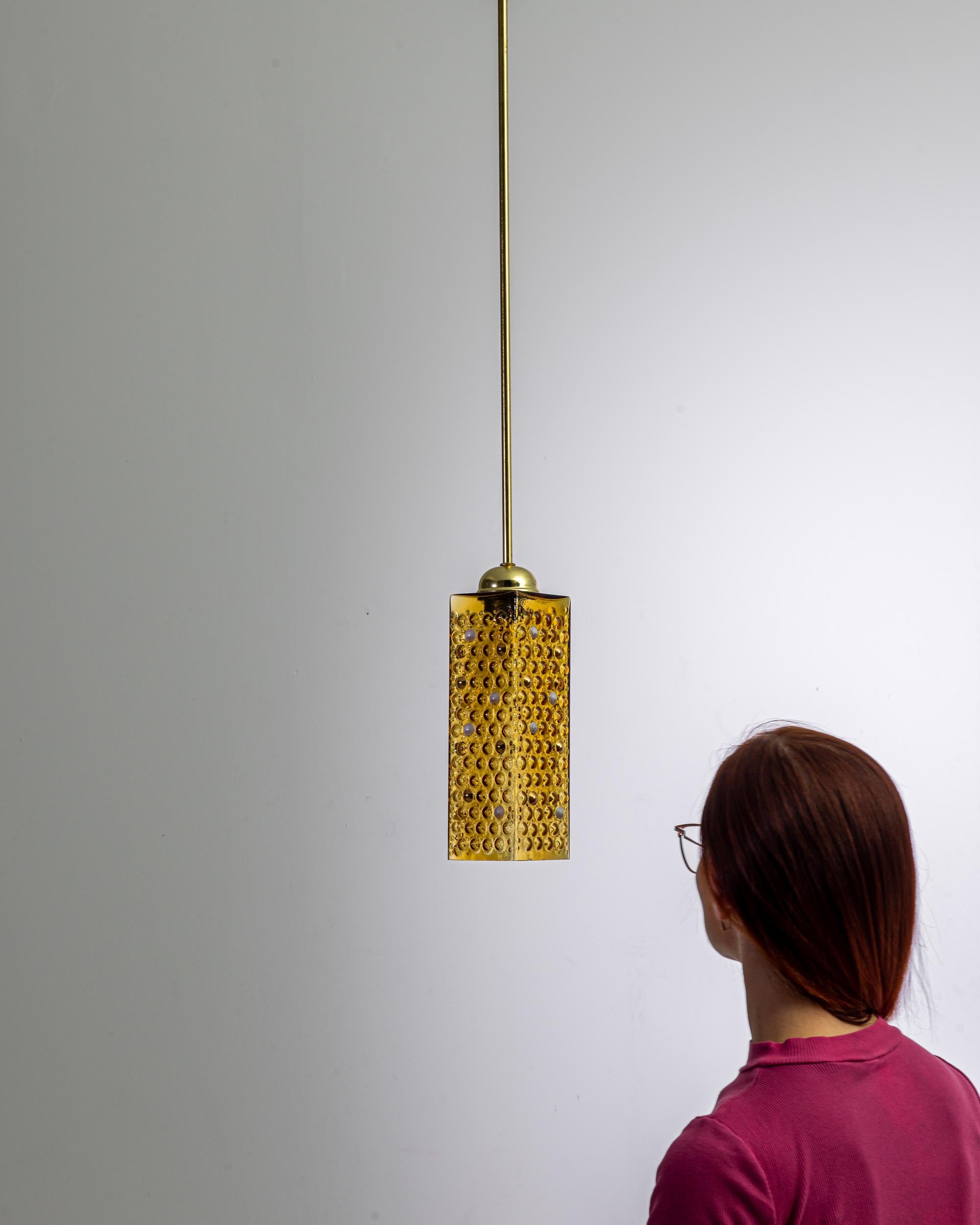 20th Century 1960s Czech Yellow Brass and Glass Pendant Lamp For Sale