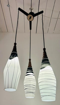 1960s Czech Zukov 3-Shade Black & White Milky Glass Cascading Hanging Light
