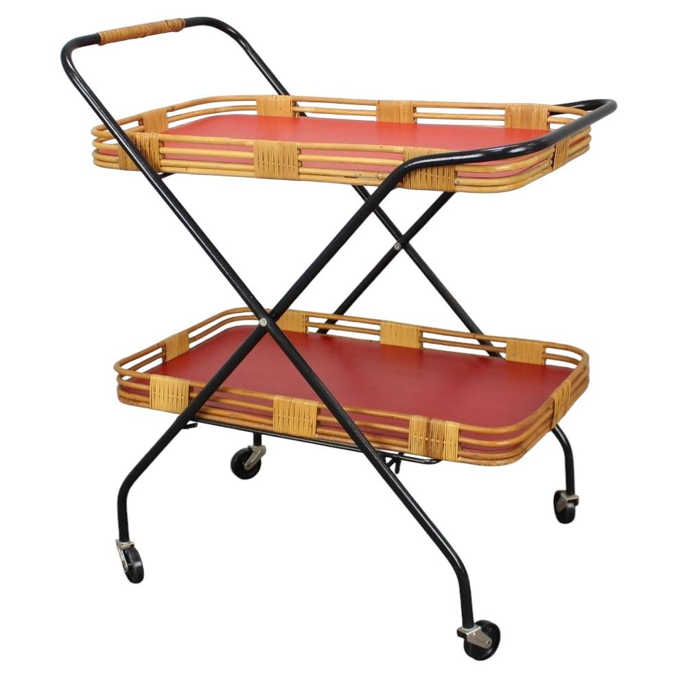 1960s Czechoslovak Mid-Century Folding Bamboo Serving Trolley Bar Cart