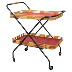 1960s Czechoslovak Mid-Century Folding Bamboo Serving Trolley Bar Cart