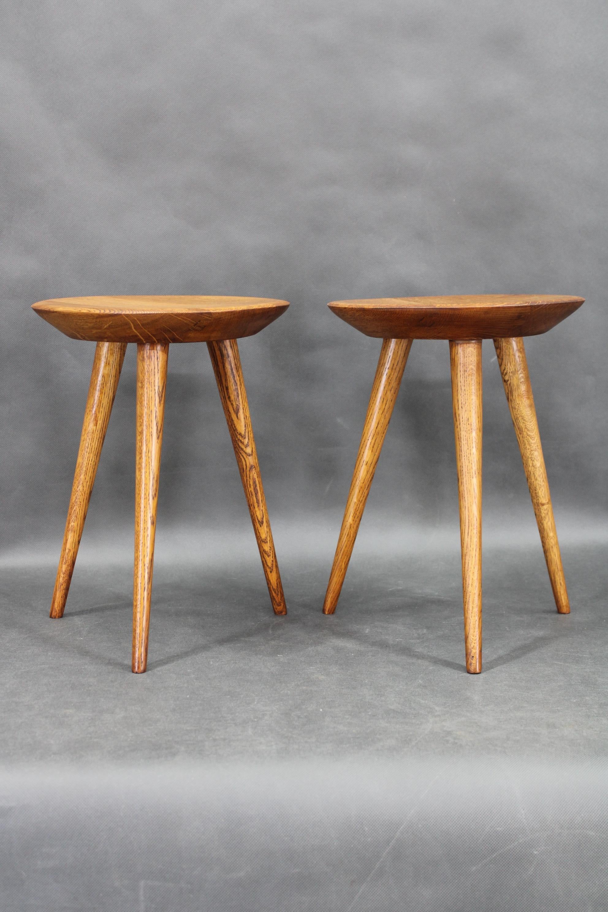 Art Deco 1960s Czechoslovak Oak Tripod Stools by ULUV, Restored Rustic Mid-Century Pair For Sale