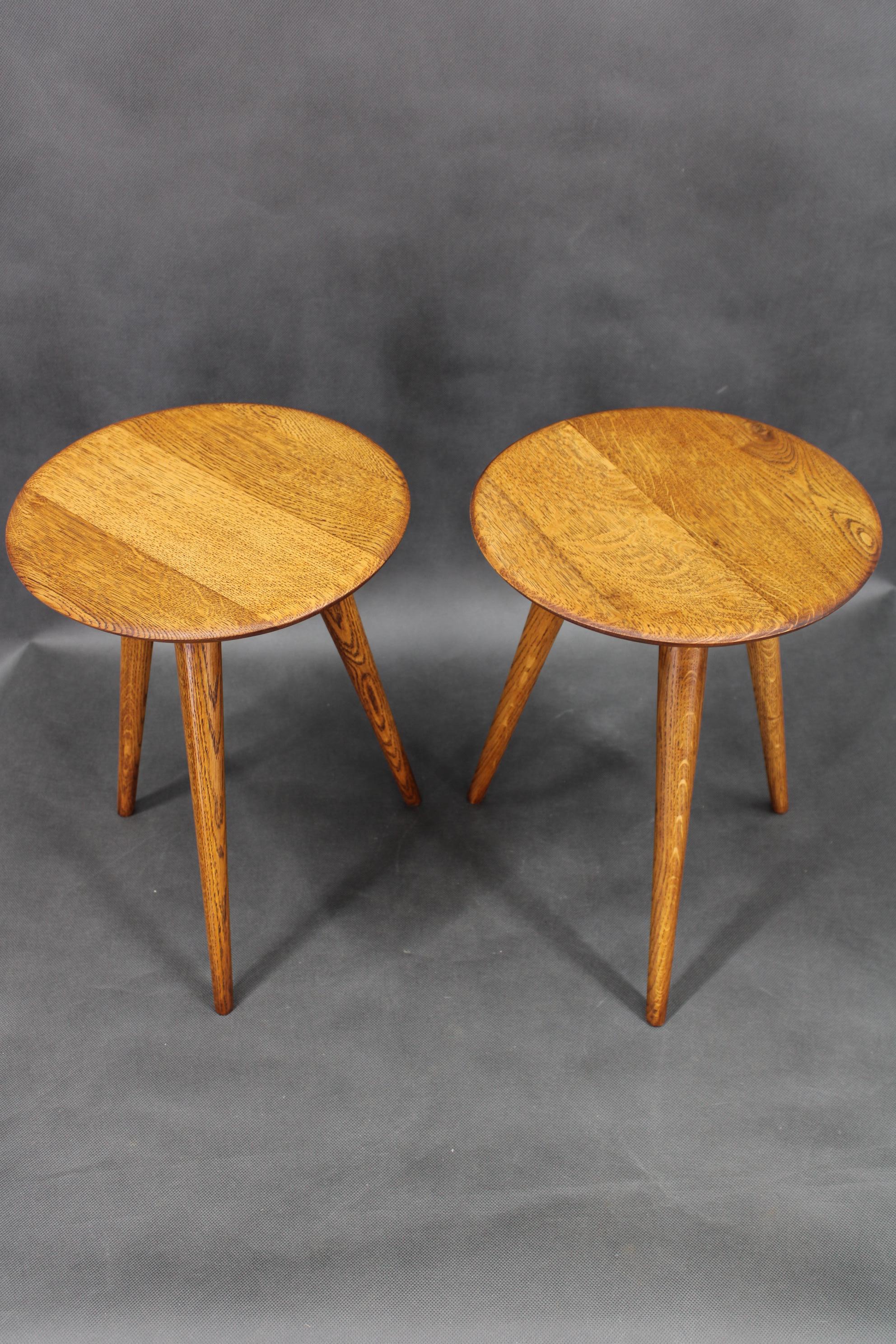 Oiled 1960s Czechoslovak Oak Tripod Stools by ULUV, Restored Rustic Mid-Century Pair For Sale