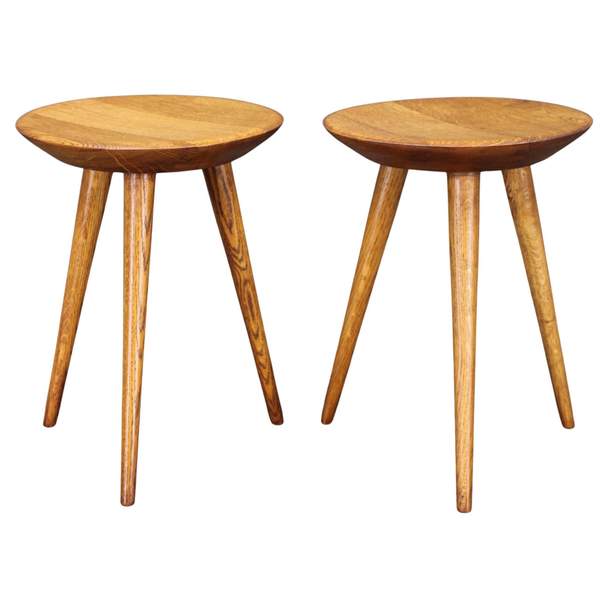 1960s Czechoslovak Oak Tripod Stools by ULUV, Restored Rustic Mid-Century Pair For Sale