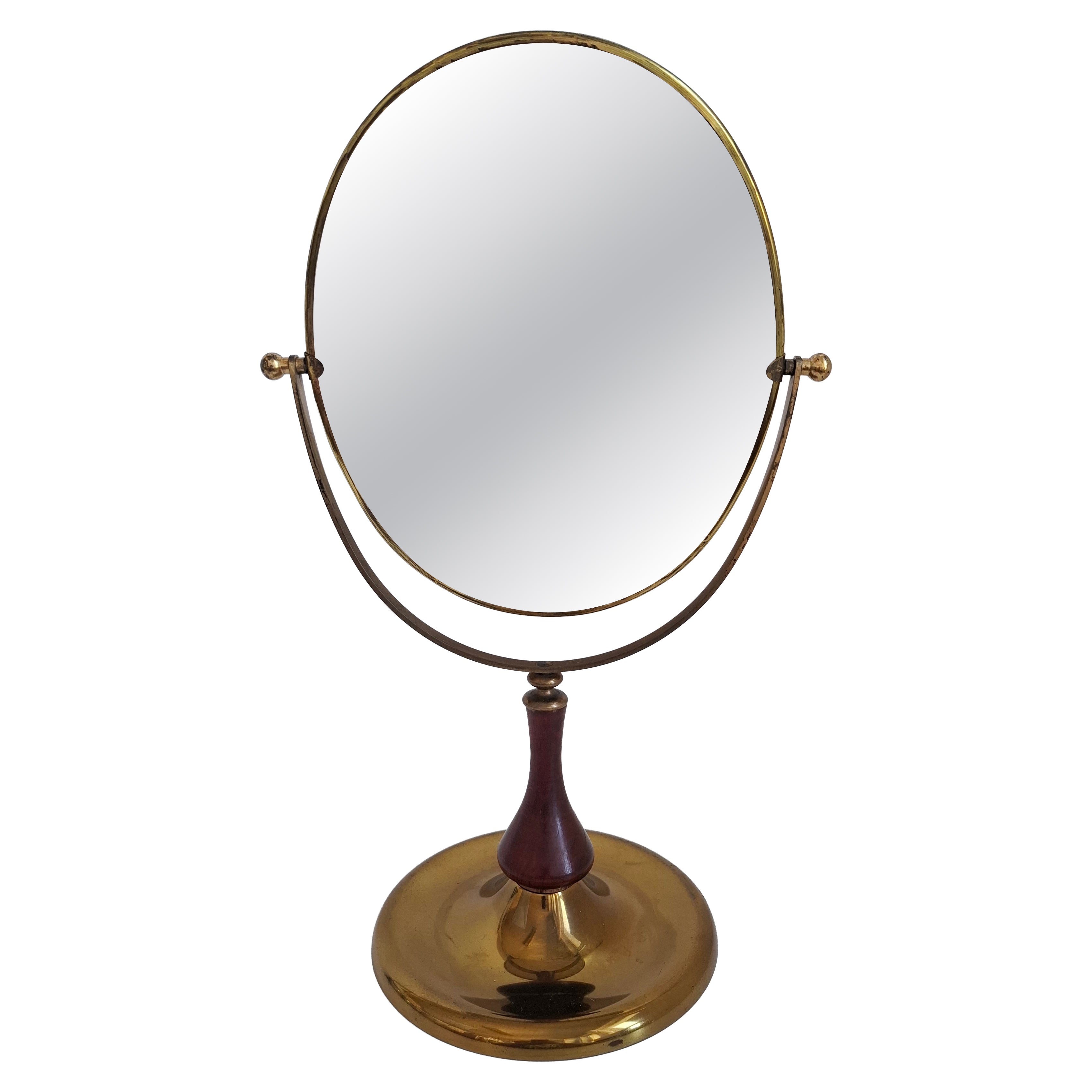 1960s Czechoslovakian Mid-Century Brass and Wood Swivel Table Mirror For Sale