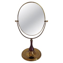 1960s Czechoslovakian Mid-Century Brass and Wood Swivel Table Mirror