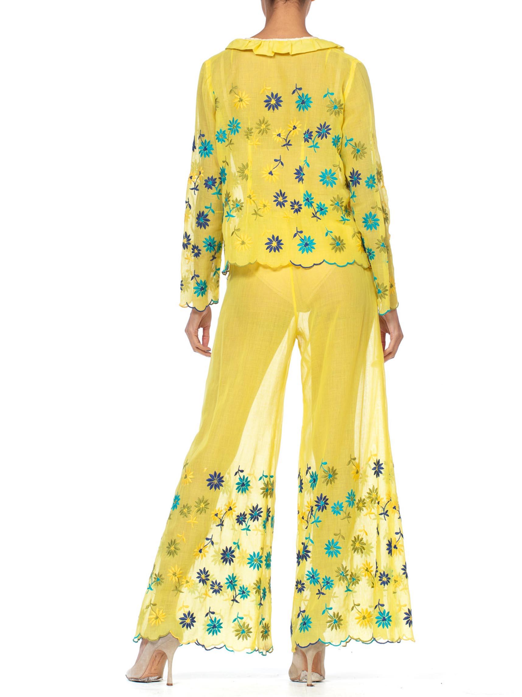 1960S Yellow Cotton Daisy Embroidered Top & Pants  Ensemble 3