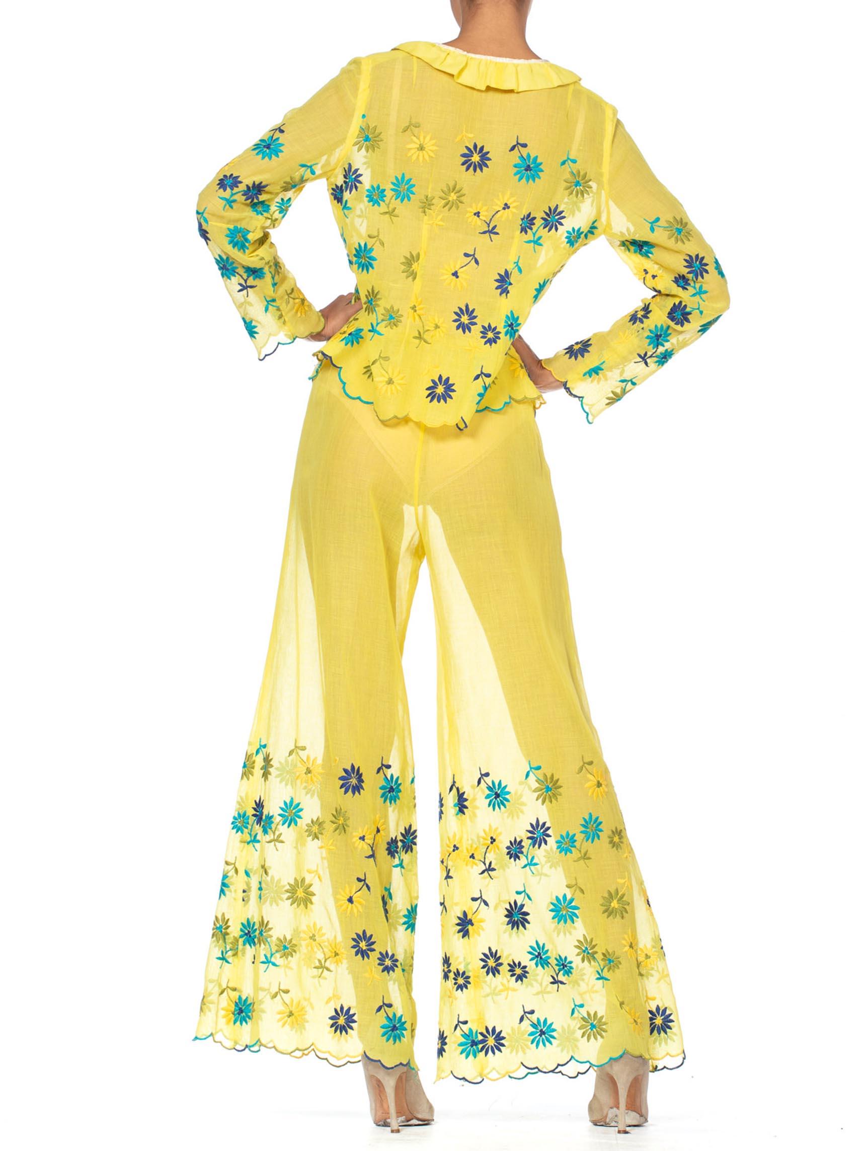 1960S Yellow Cotton Daisy Embroidered Top & Pants  Ensemble 4