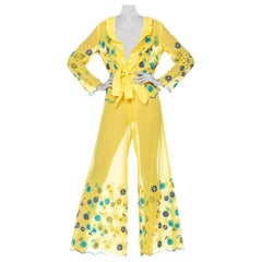 1960S Yellow Cotton Daisy Embroidered Top & Pants  Ensemble