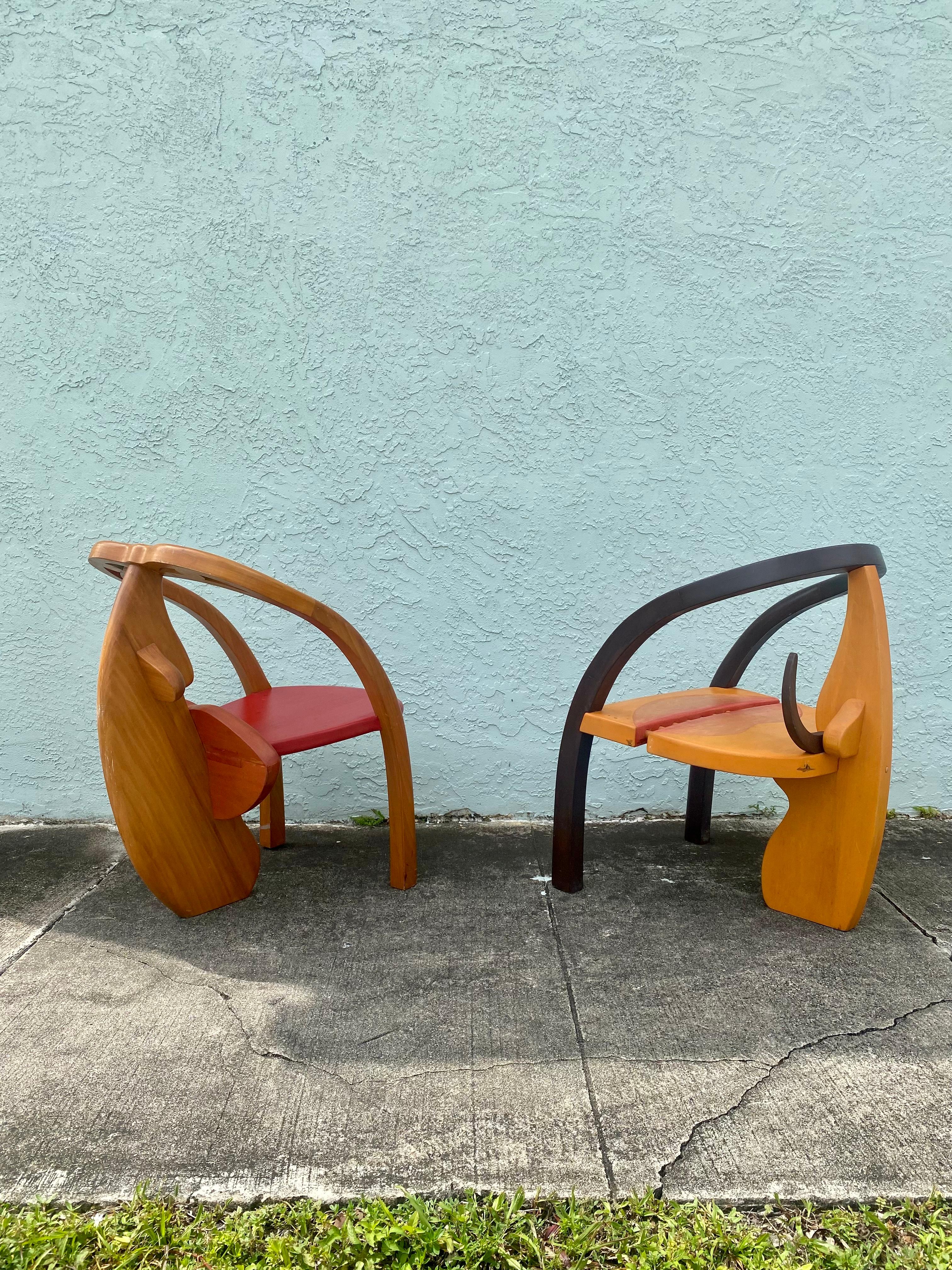 1960s Dali Style Artistic Sculptural Wood Figural Faces Folk Art Chair, Set of 2 In Good Condition For Sale In Fort Lauderdale, FL