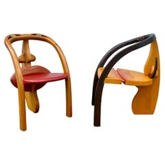 1960s Dali Style Artistic Sculptural Wood Figural Faces Folk Art Chair, Set of 2