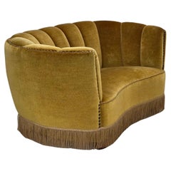 1960s, Danish 2-seater "Banan" sofa, original green furniture velour, oak wood.