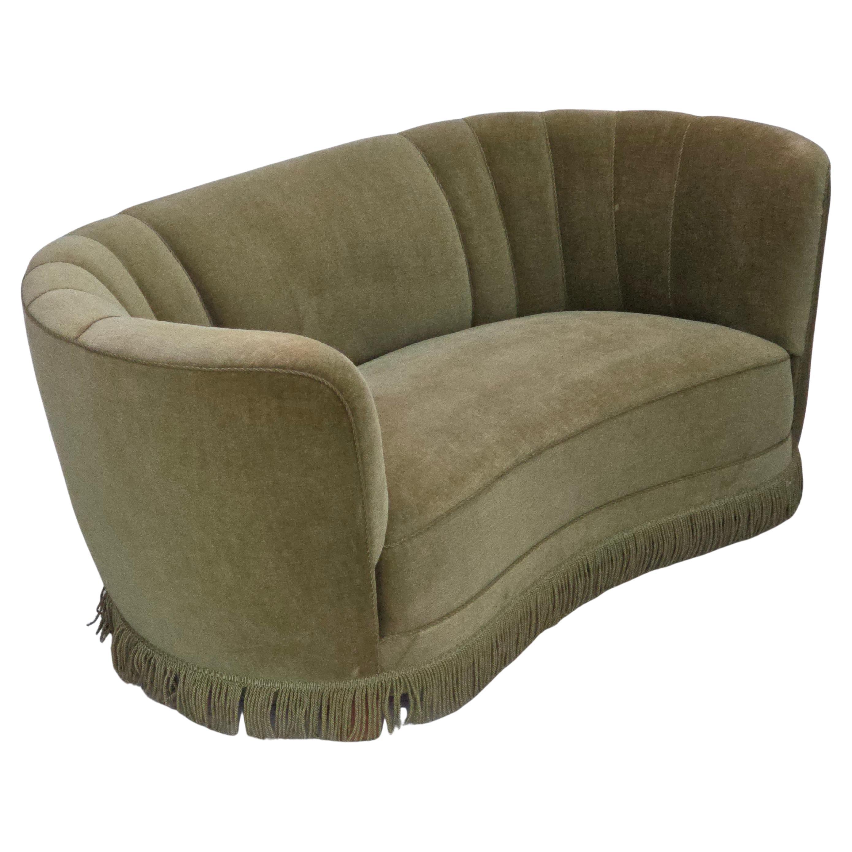 1960s, Danish 2-seater "Banana" sofa, original green furniture velour.