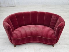 1960s, Danish 2-seater "Banana" sofa, red furniture velour, oak wood.