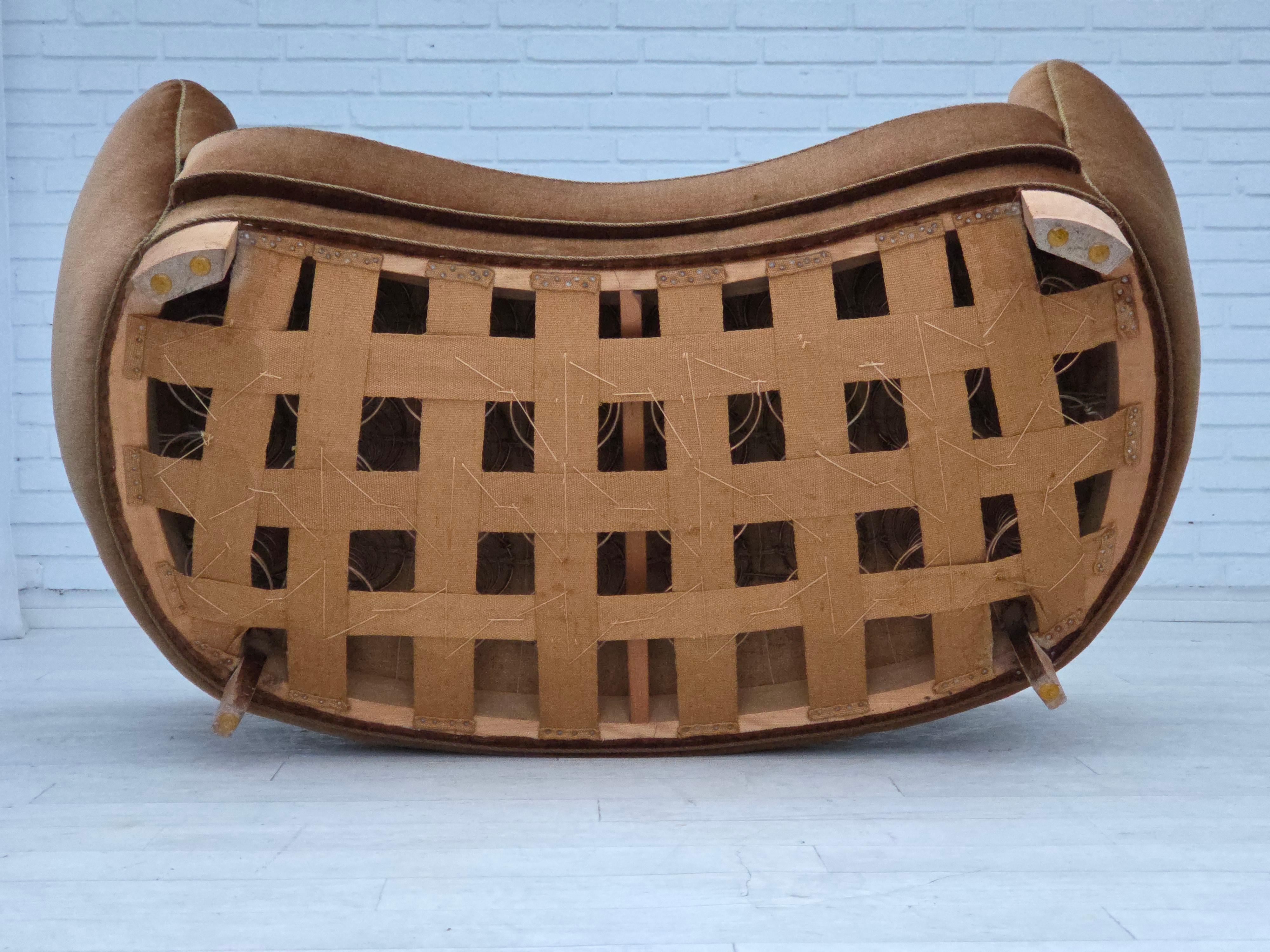 1960s, Danish 2-seater curved sofa, brown furniture velour. For Sale 6