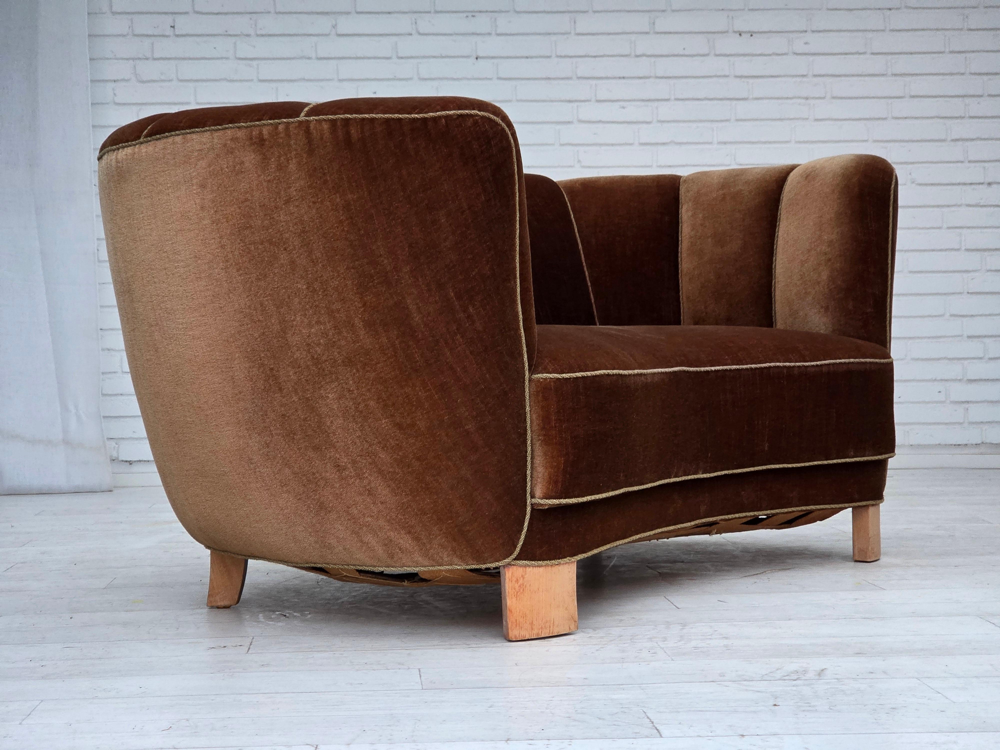 Mid-20th Century 1960s, Danish 2-seater curved sofa, brown furniture velour. For Sale