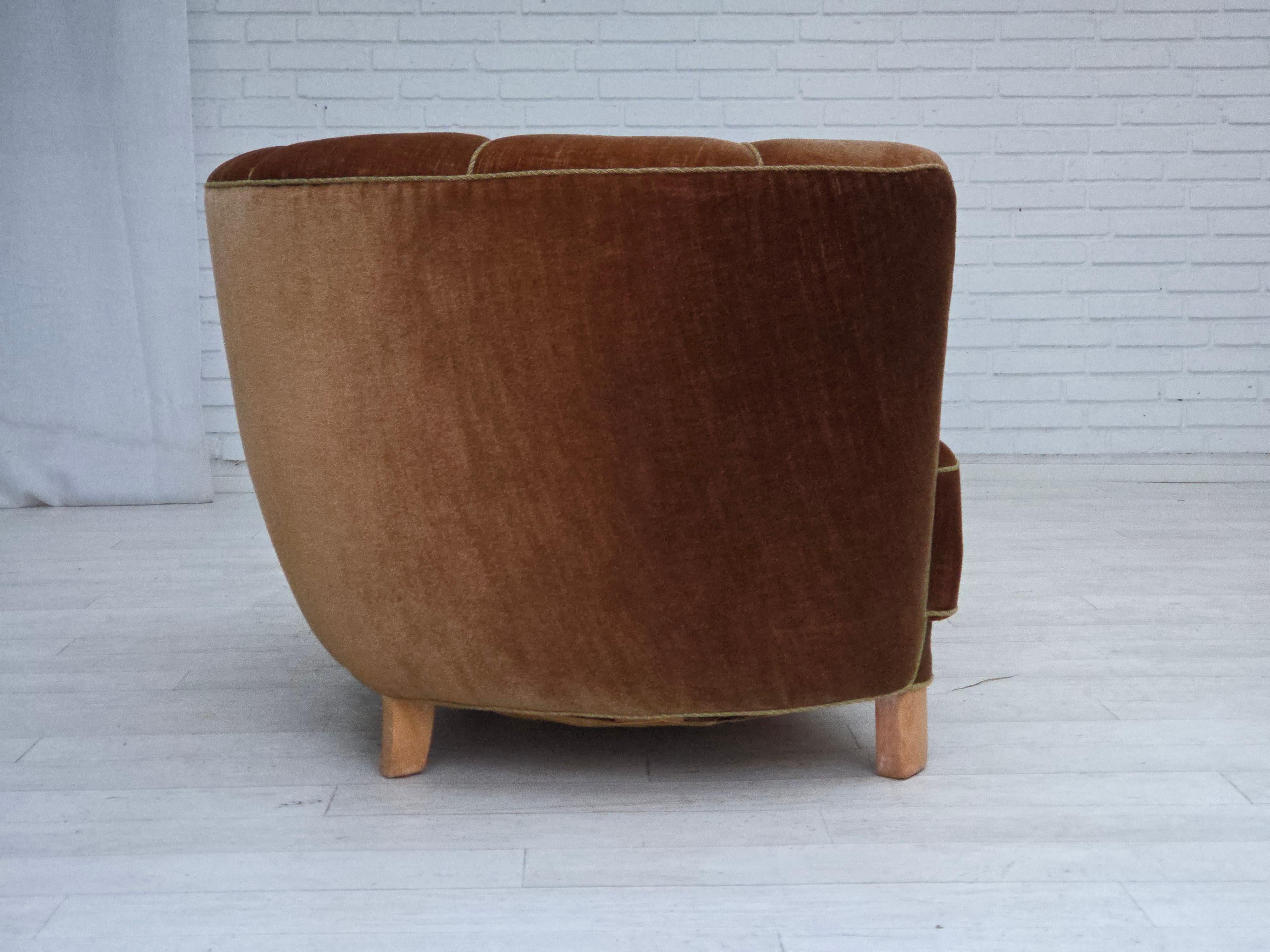 Velvet 1960s, Danish 2-seater curved sofa, brown furniture velour. For Sale