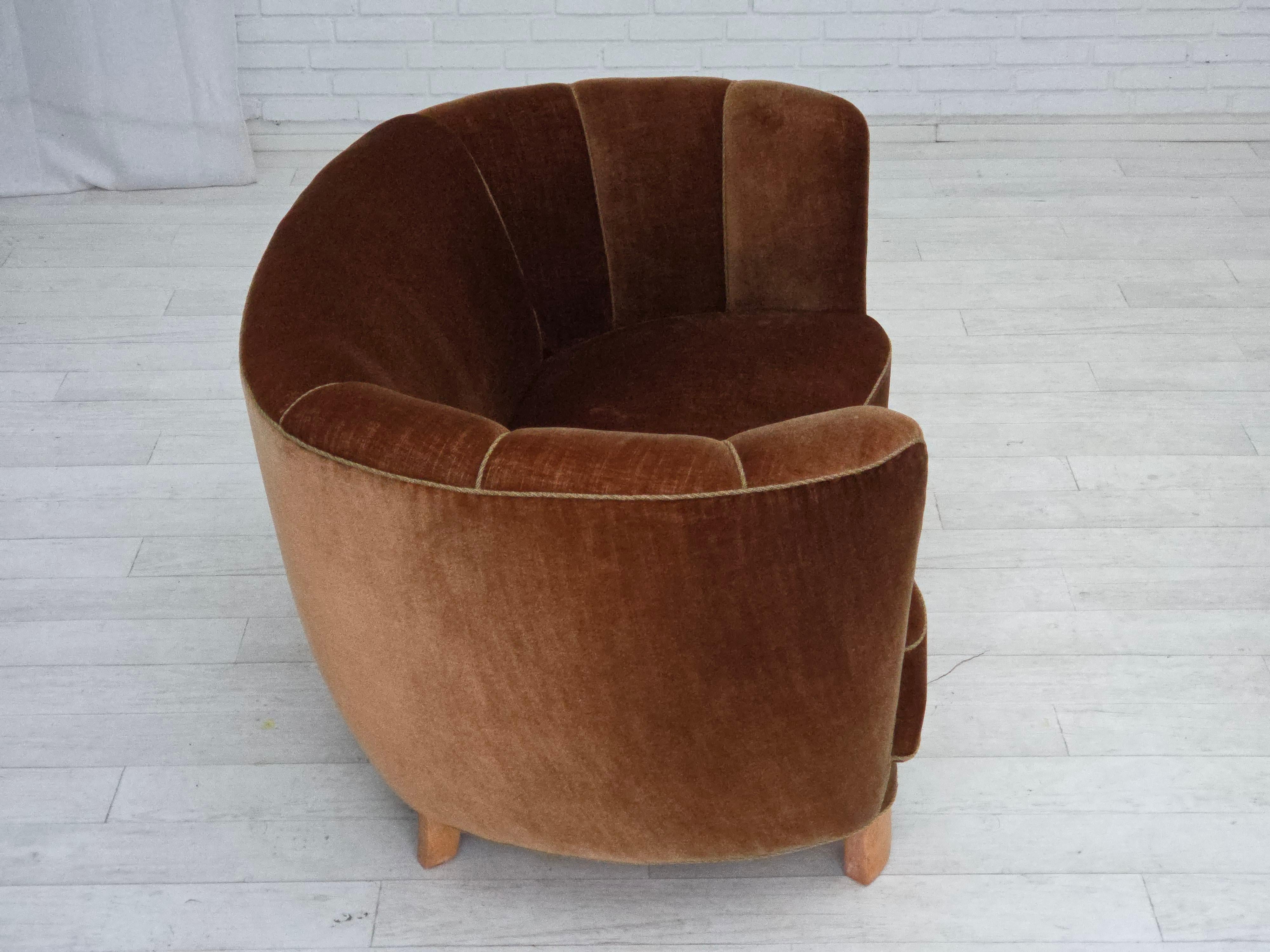 1960s, Danish 2-seater curved sofa, brown furniture velour. For Sale 1