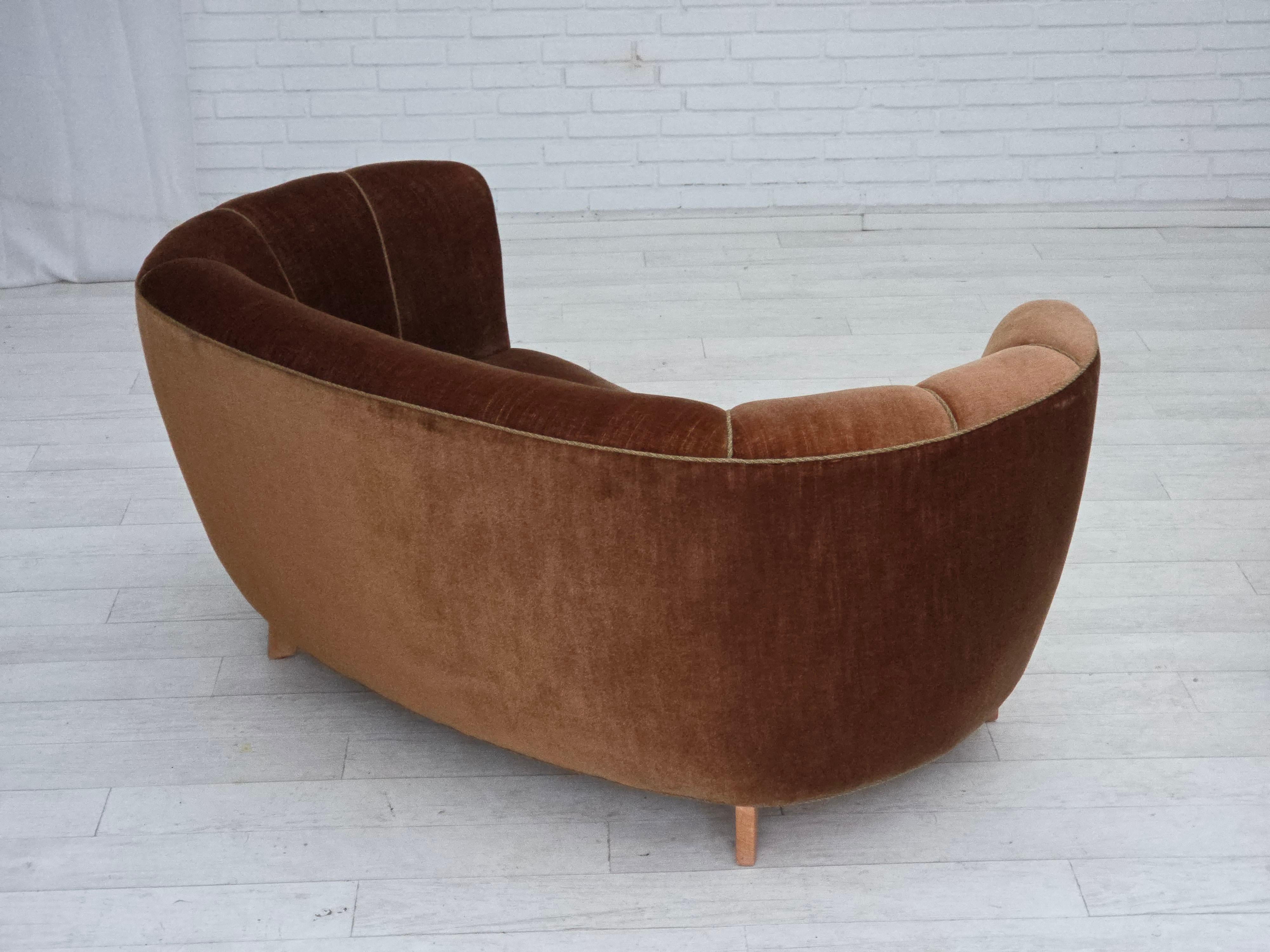 1960s, Danish 2-seater curved sofa, brown furniture velour. For Sale 2