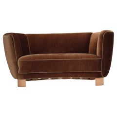 1960s, Danish 2-seater curved sofa, brown furniture velour.
