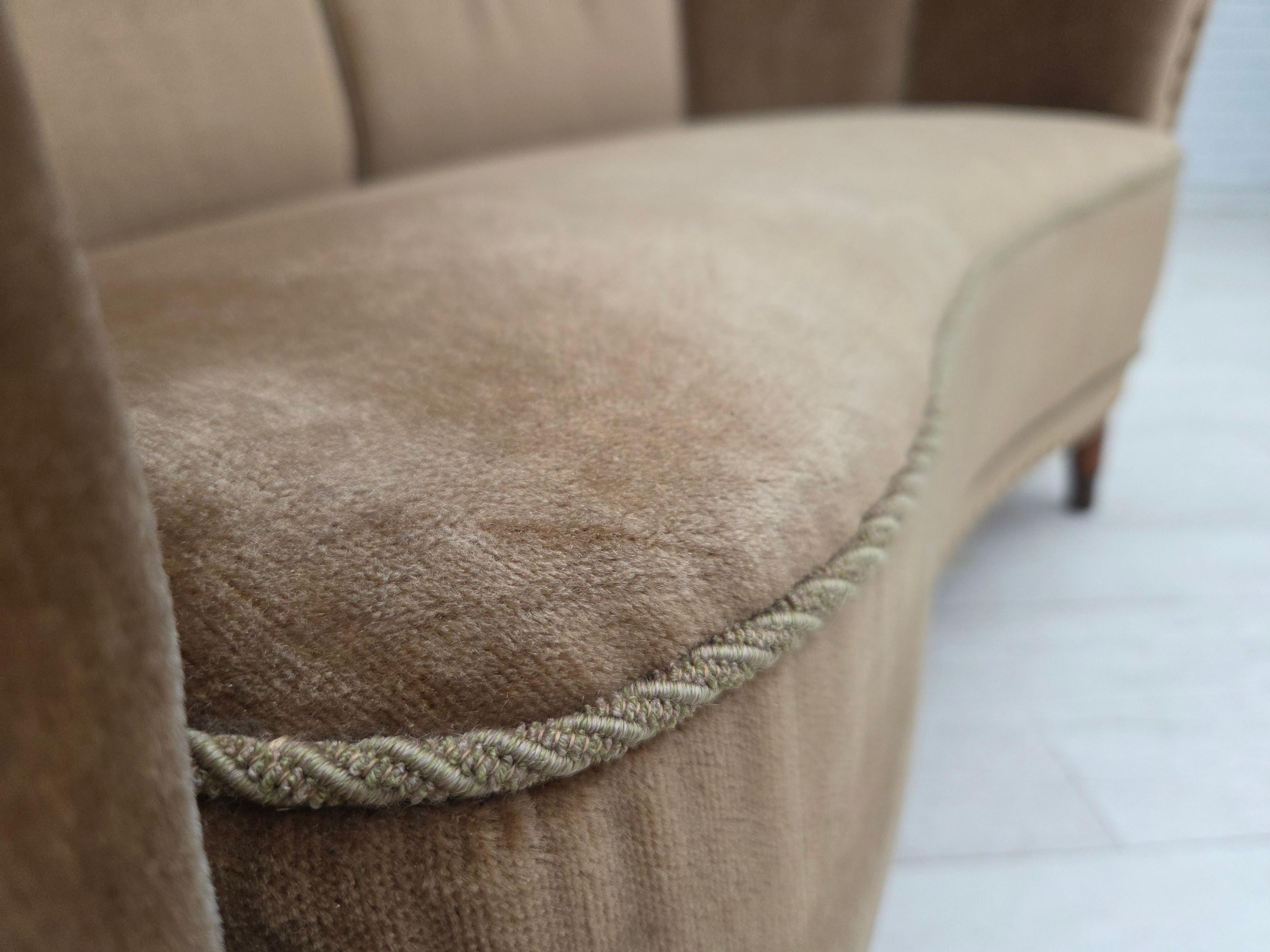 1960s, Danish 2-seater curved sofa, green furniture velour, original condition. 6