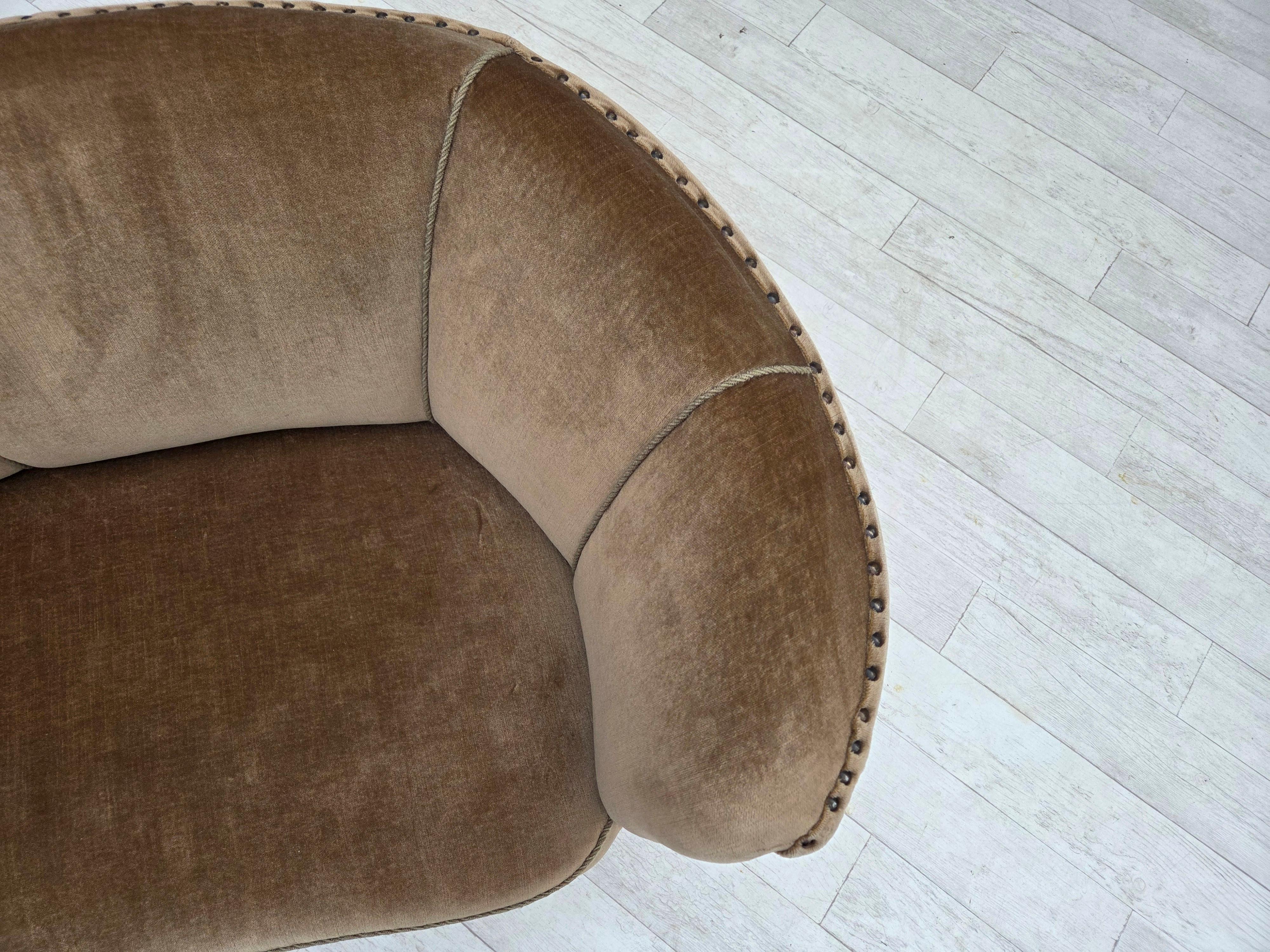 1960s, Danish 2-seater curved sofa, green furniture velour, original condition. 7