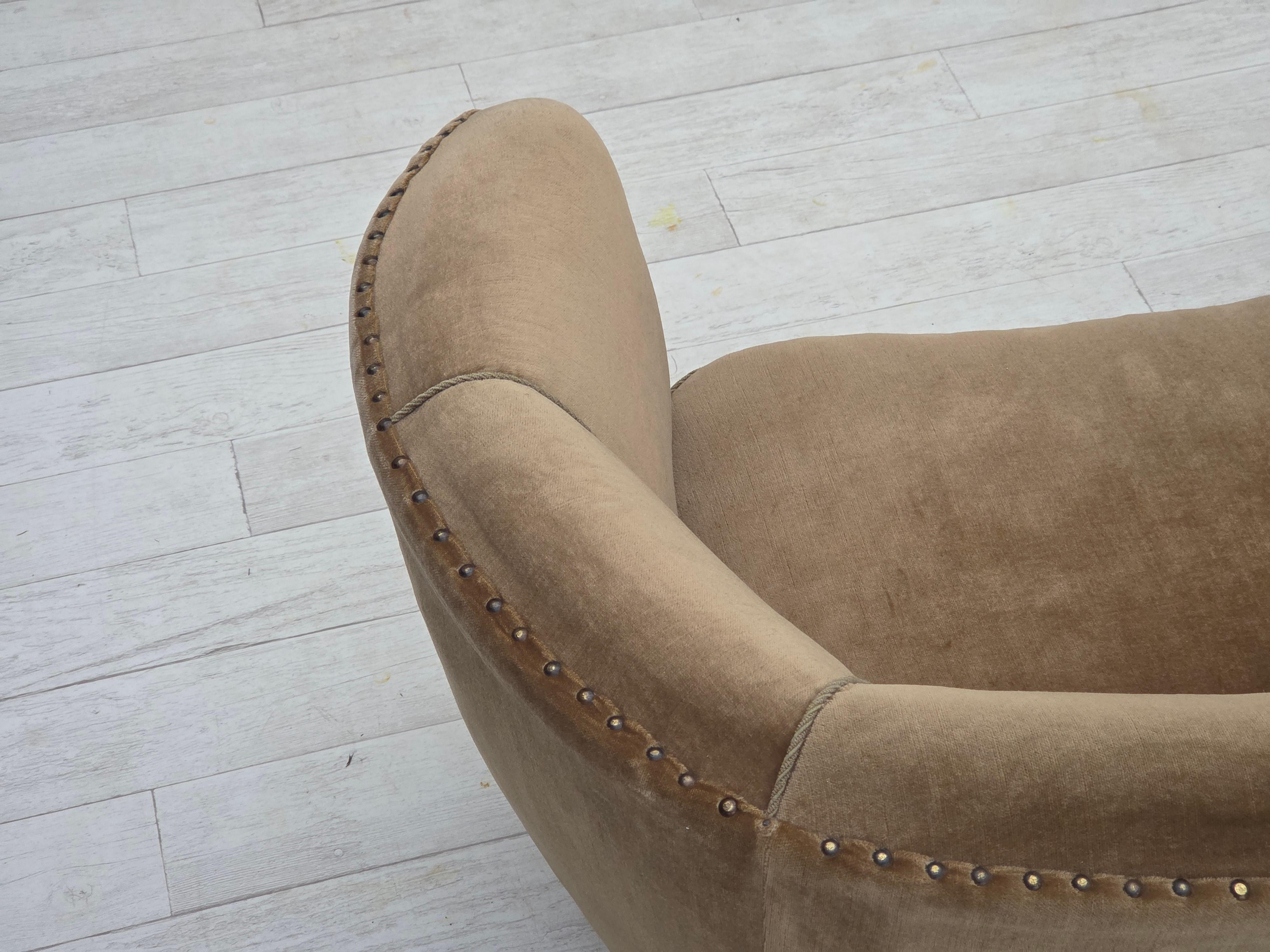 1960s, Danish 2-seater curved sofa, green furniture velour, original condition. 8