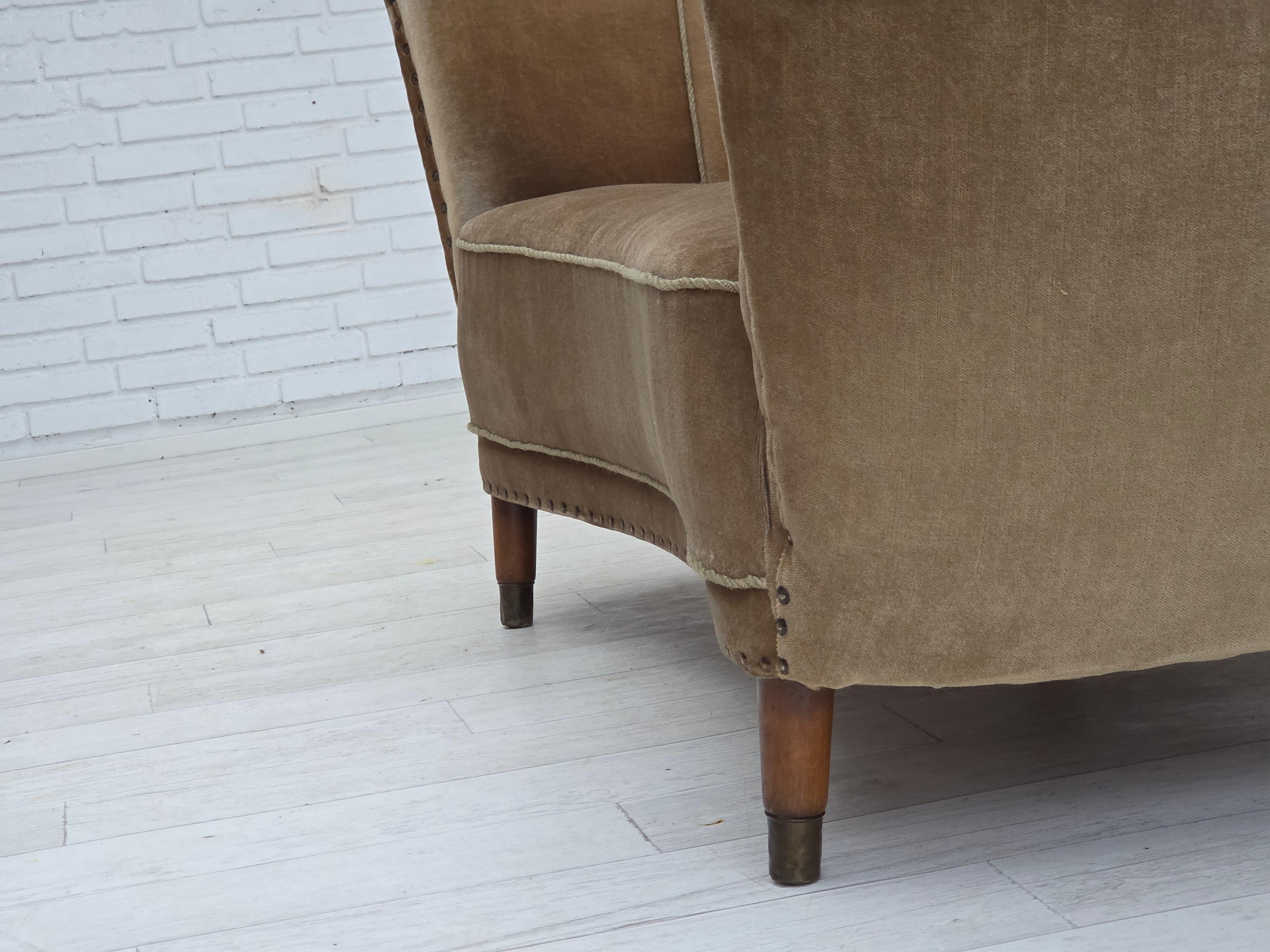 1960s, Danish 2-seater curved sofa, green furniture velour, original condition. 9