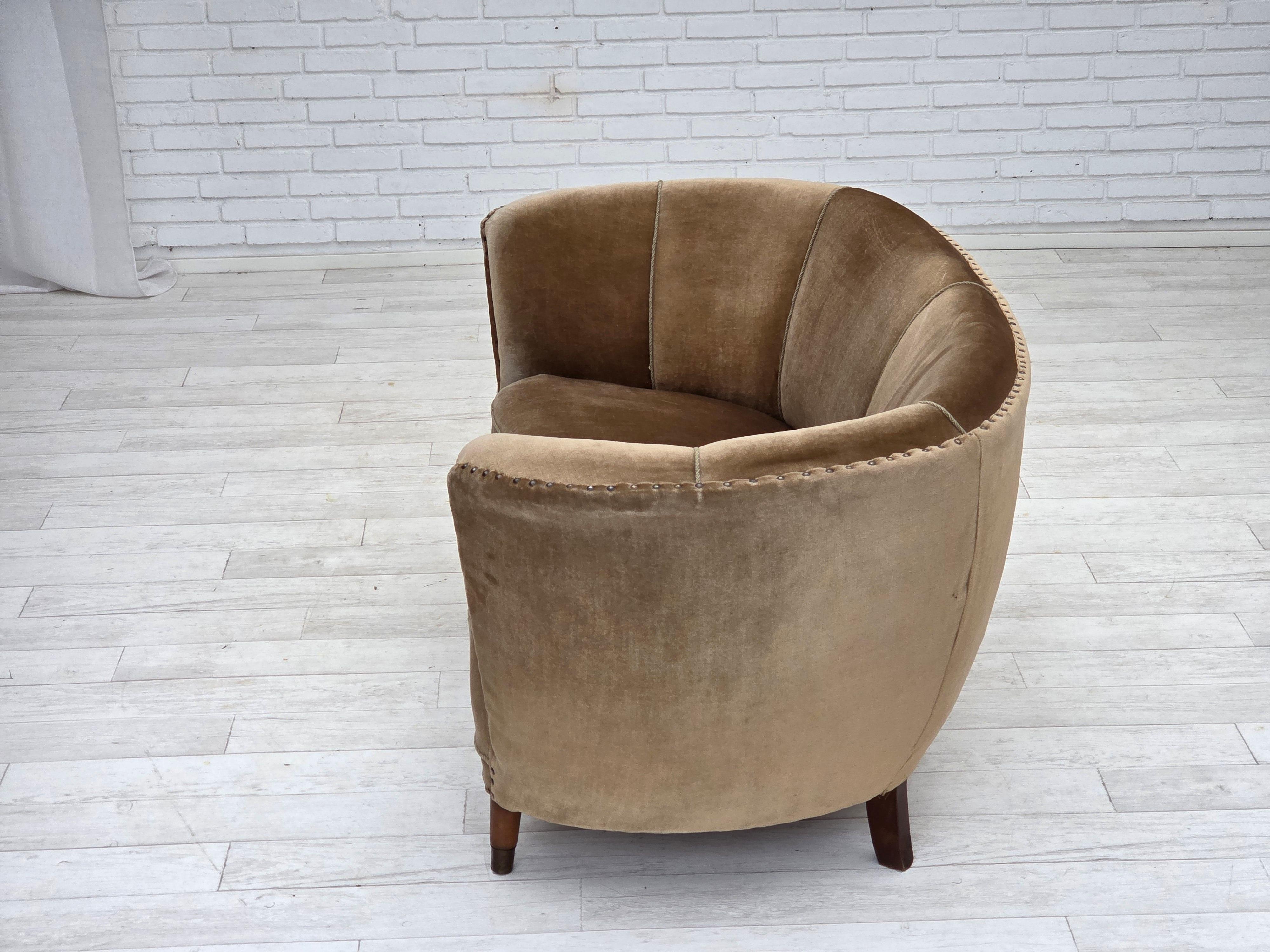 1960s, Danish 2-seater curved sofa, green furniture velour, original condition. 10
