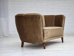 1960s, Danish 2-seater curved sofa, green furniture velour, original condition.