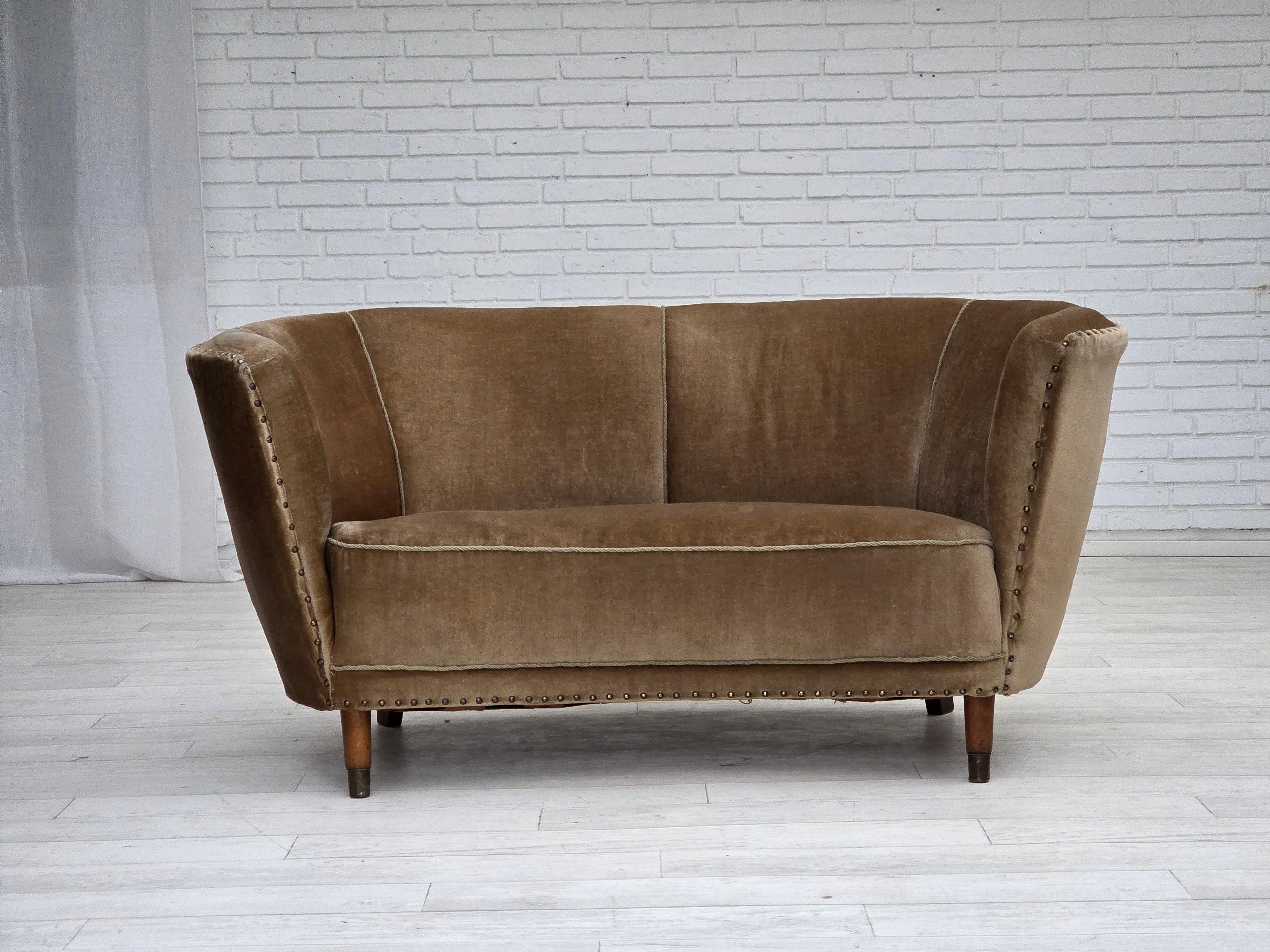 Scandinavian Modern 1960s, Danish 2-seater curved sofa, green furniture velour, original condition.