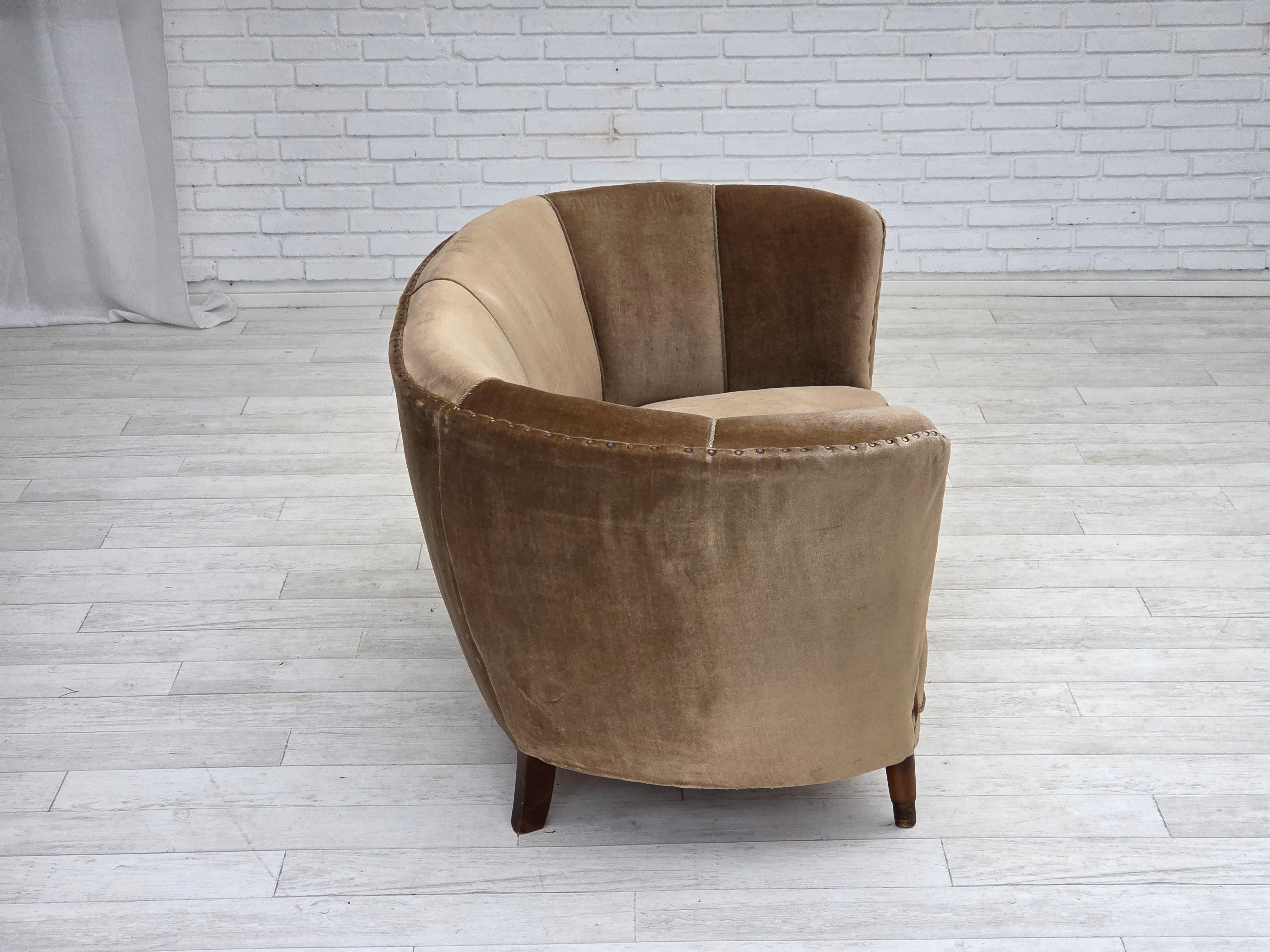 1960s, Danish 2-seater curved sofa, green furniture velour, original condition. In Good Condition In Tarm, 82