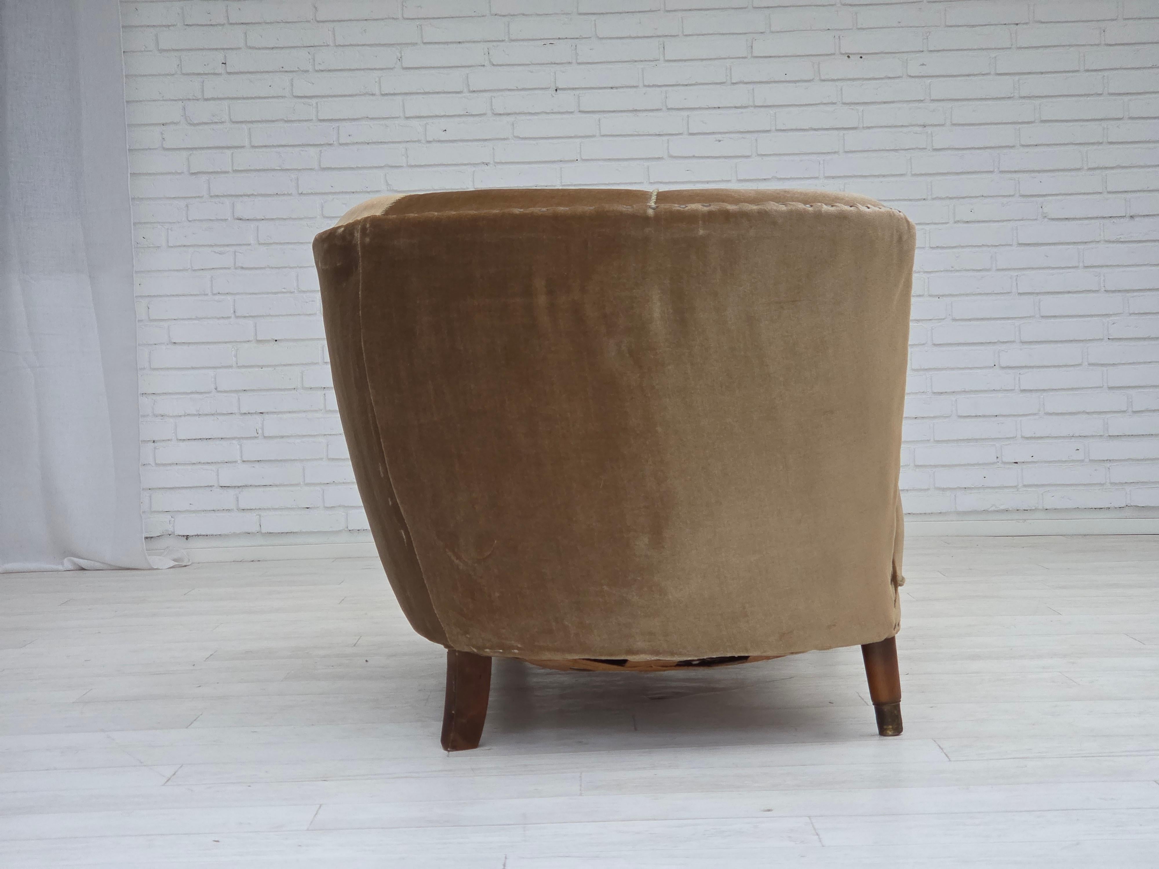 Mid-20th Century 1960s, Danish 2-seater curved sofa, green furniture velour, original condition.