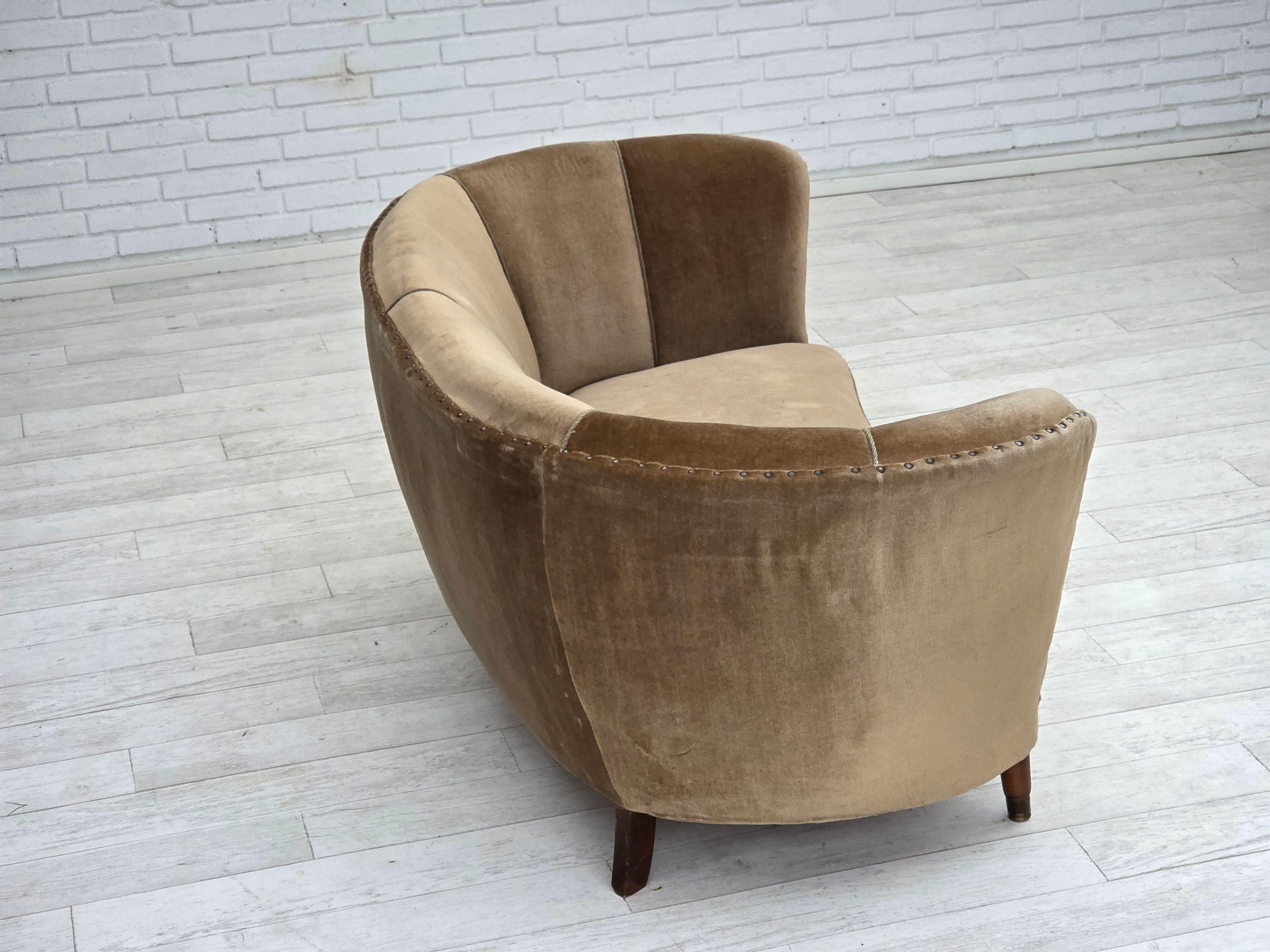 Velvet 1960s, Danish 2-seater curved sofa, green furniture velour, original condition.