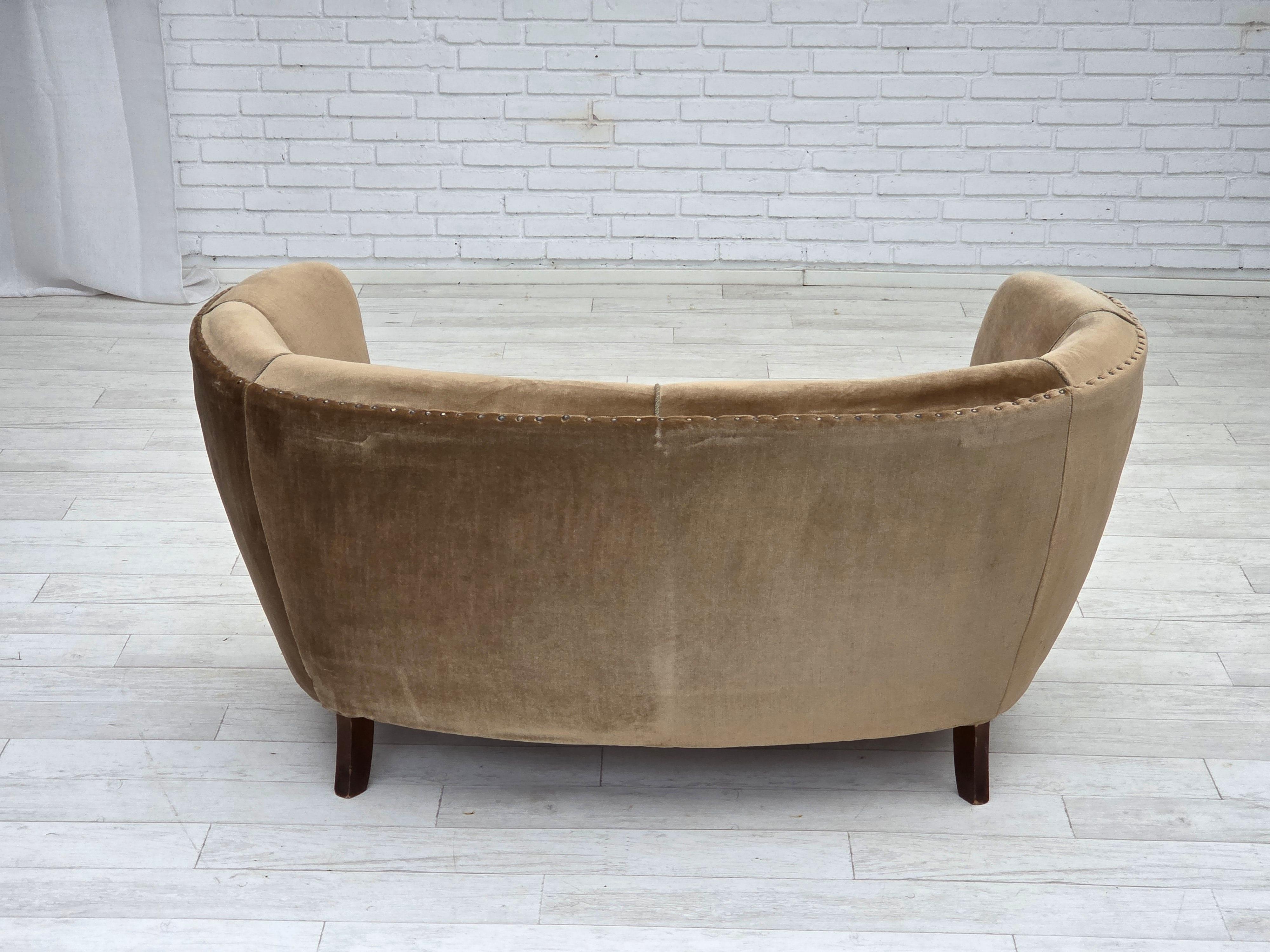 1960s, Danish 2-seater curved sofa, green furniture velour, original condition. 1