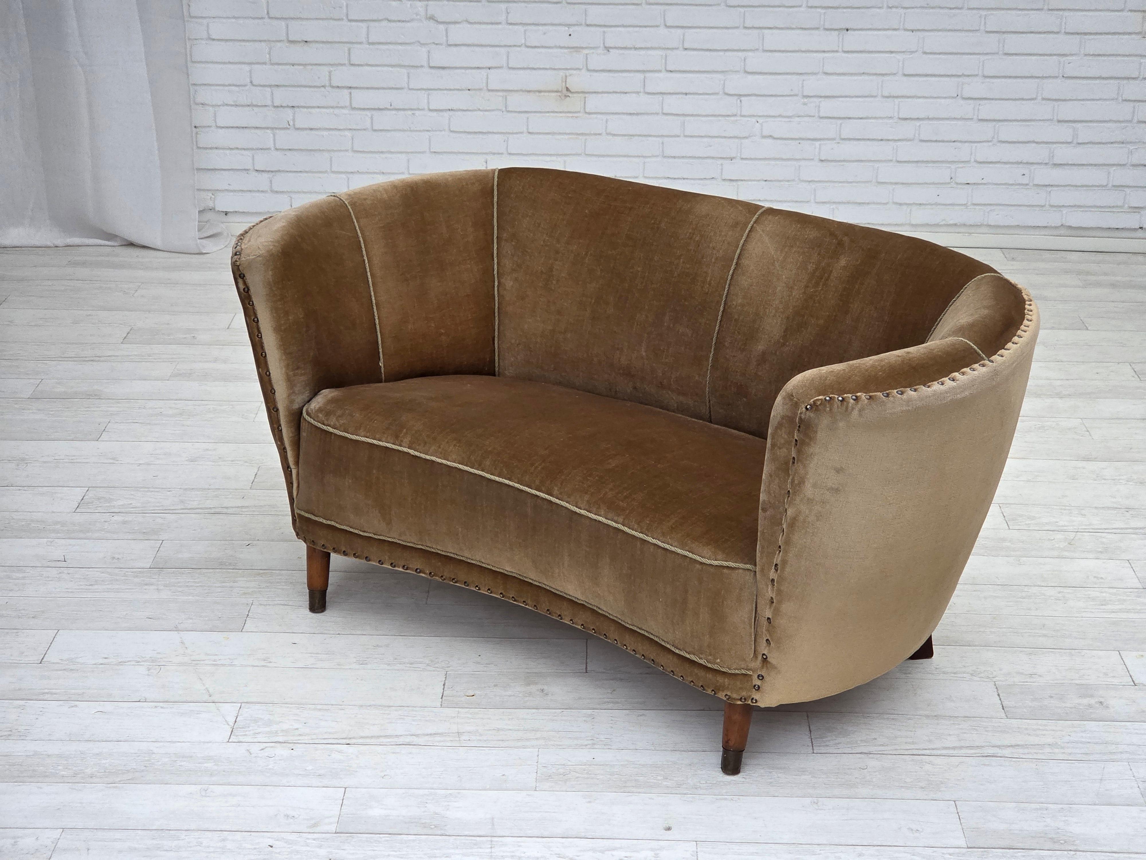 1960s, Danish 2-seater curved sofa, green furniture velour, original condition. 2