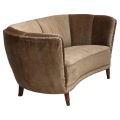 1960s, Danish 2-seater curved sofa, green furniture velour, original condition.