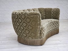 1960s, Danish 2-seater curved sofa, light green furniture velour.