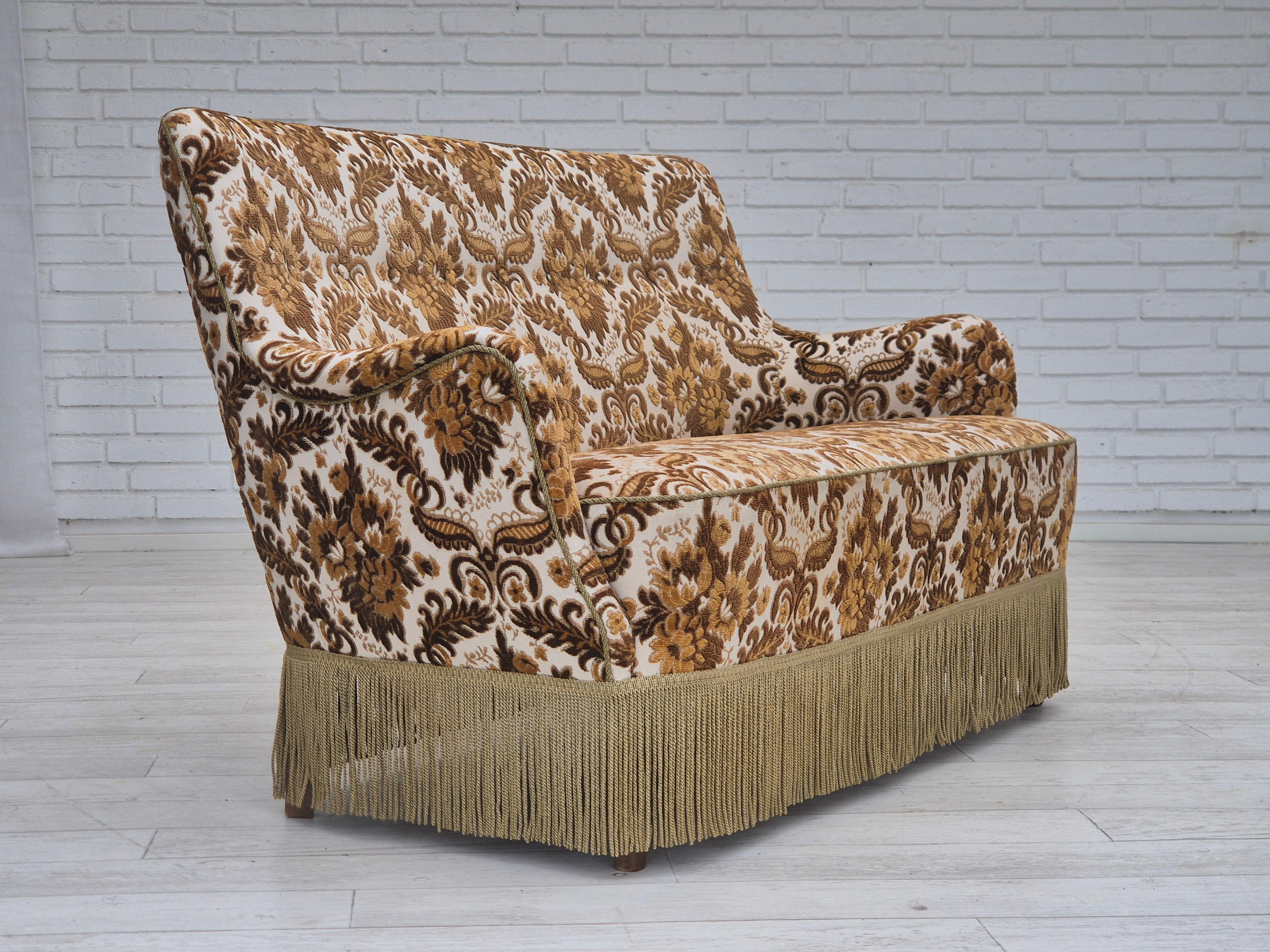 Scandinavian Modern 1960s, Danish 2-seater sofa, brown/beige furniture fabric, ash wood legs. For Sale