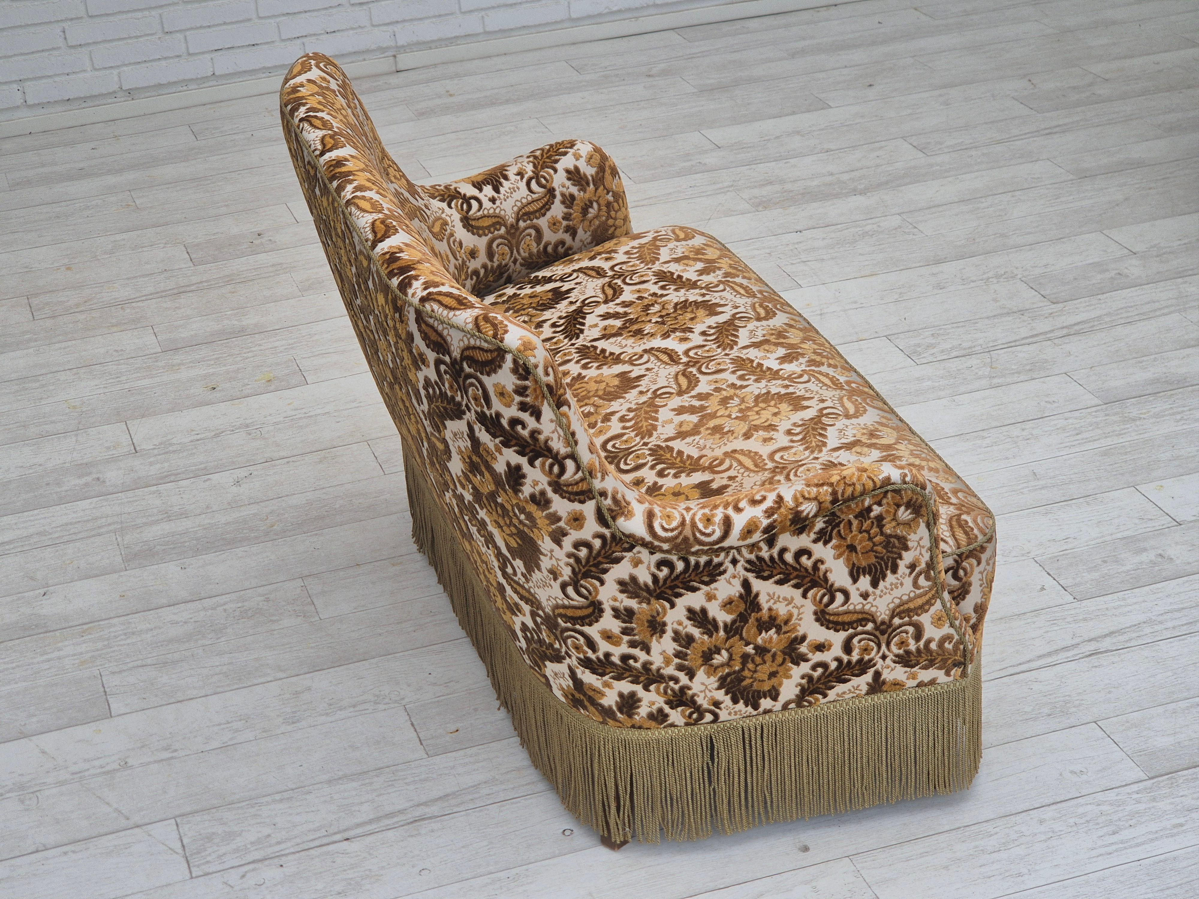 Velvet 1960s, Danish 2-seater sofa, brown/beige furniture fabric, ash wood legs. For Sale