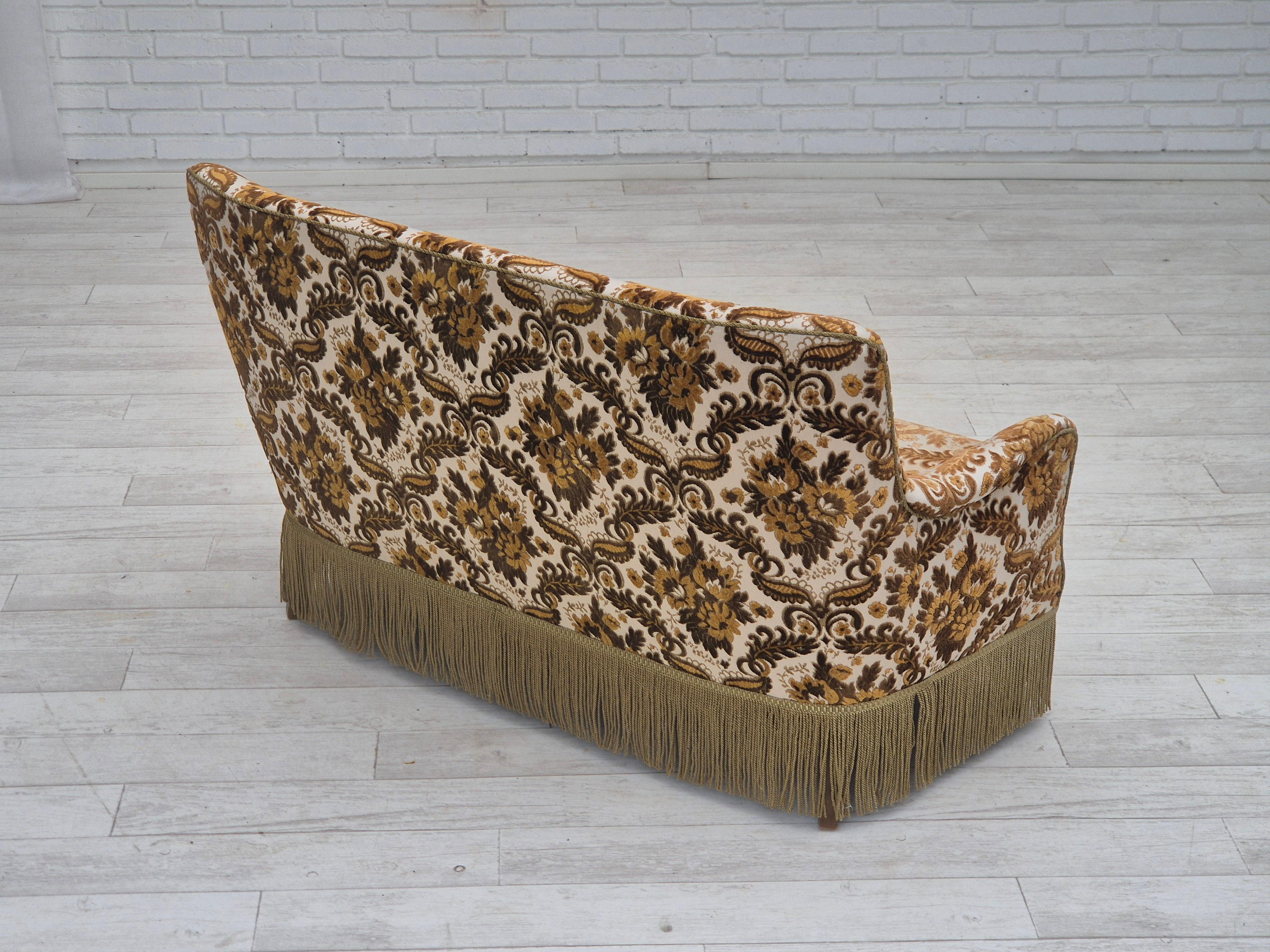 1960s, Danish 2-seater sofa, brown/beige furniture fabric, ash wood legs. For Sale 1