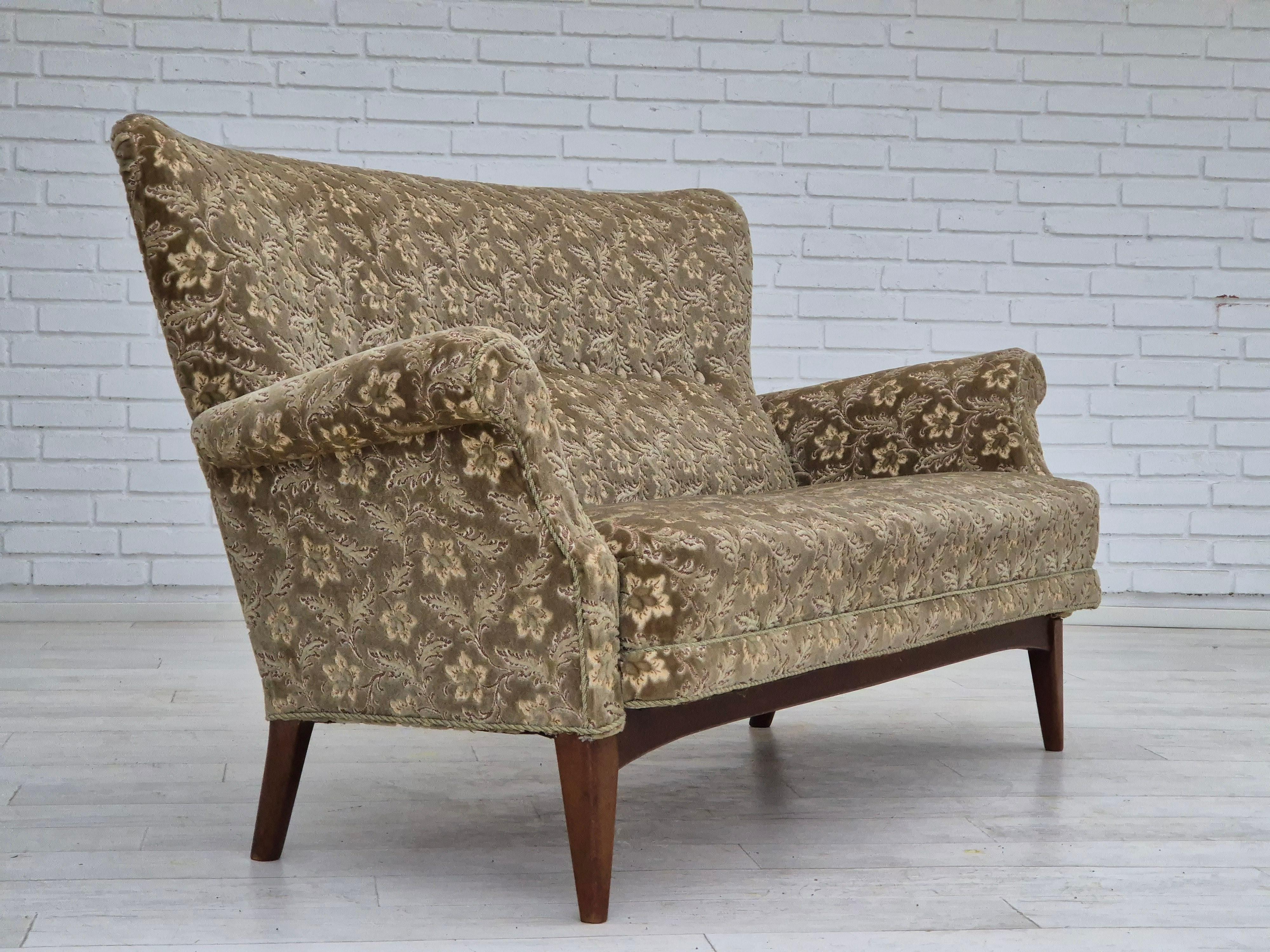 1960s, Danish 2 seater sofa by Fritz Hansen. Very good condition: no smells and no stains. Sofa was reupholstered about 20 years ago by craftsman. Green furniture velour. Renewed beech wood legs. Springs in the seat. Manufactured by Danish furniture