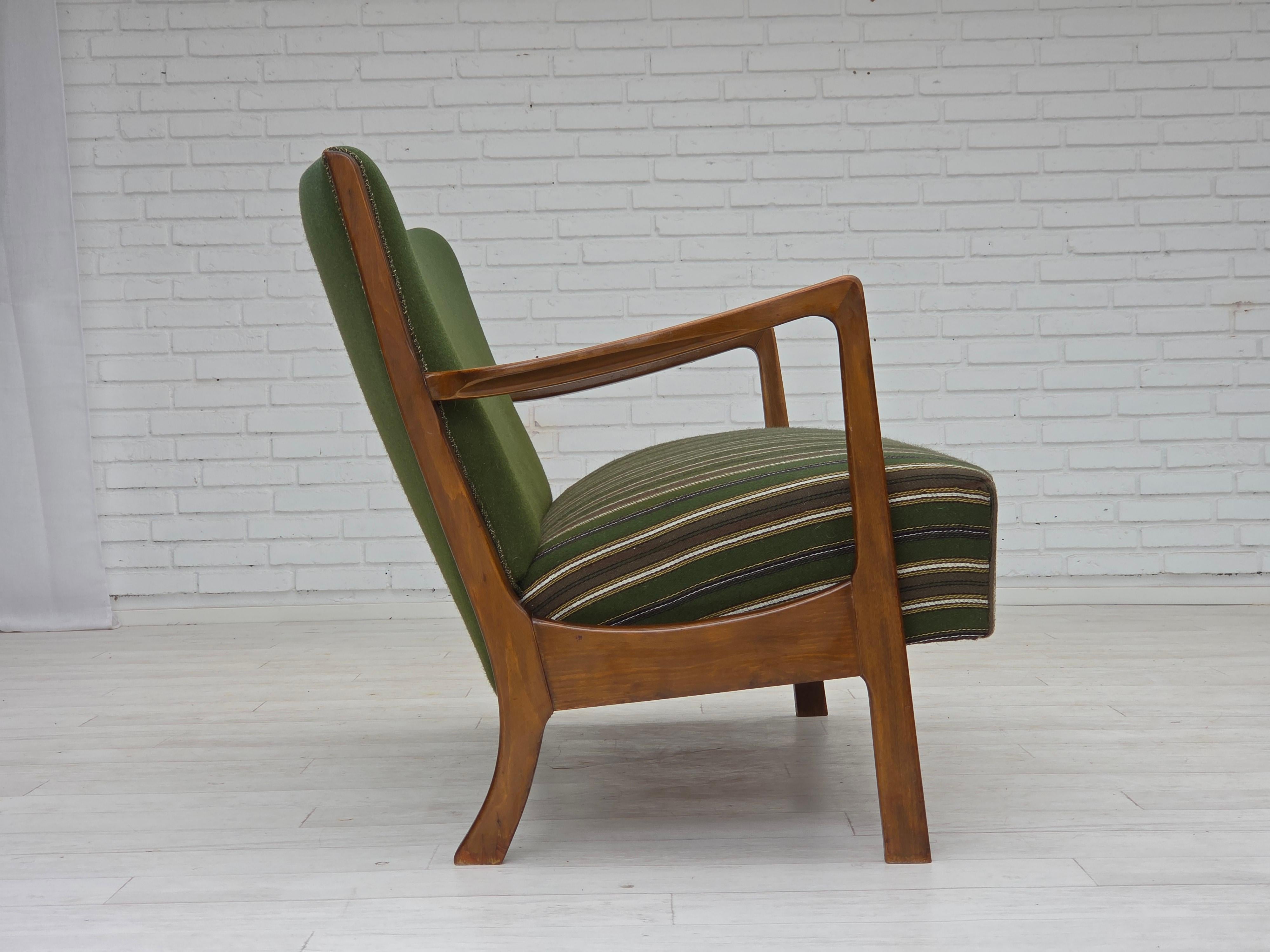 Scandinavian Modern 1960s, Danish 2-seater sofa, furniture wool, beech wood, original. For Sale