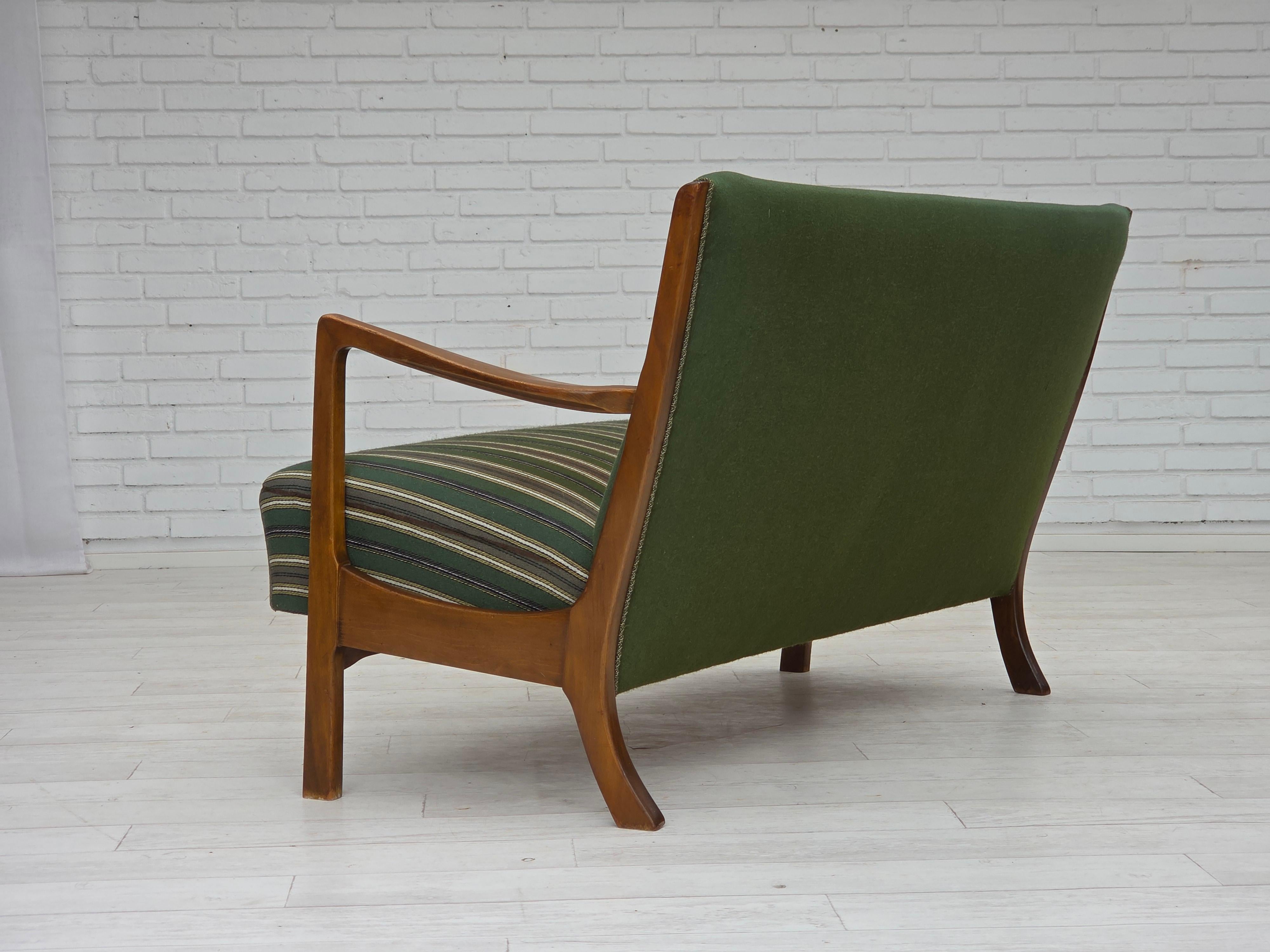 Wool 1960s, Danish 2-seater sofa, furniture wool, beech wood, original. For Sale