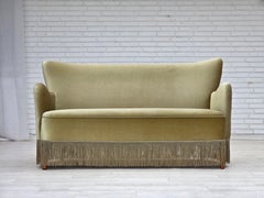 1960s, Danish 2-seater sofa, green furniture velour, beech wood legs.