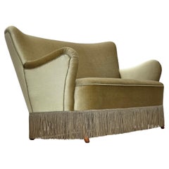 Vintage 1960s, Danish 2-seater sofa, green furniture velour, beech wood legs.